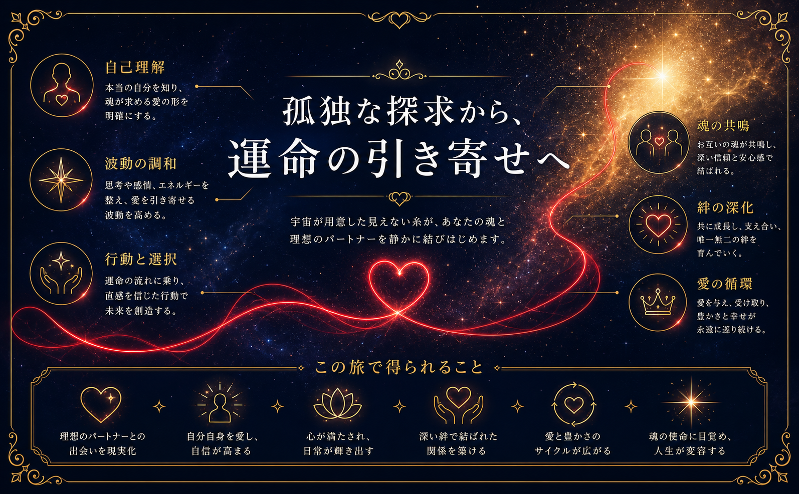 宇宙の深みを感じさせるミッドナイトネイビーの背景に、星屑のような輝きを配置。画面左側の暗がりから、右側の光り輝くメタリックゴールドの空間へと、流動的で美しい一本の赤い光の糸が繋がっている。中央には「孤独な探求から、運命の引き寄せへ」という優雅な明朝体のテキストをピュアホワイトで配置。全体的に神秘的でロマンチックな雰囲気。本や表紙の描写は一切なし。
