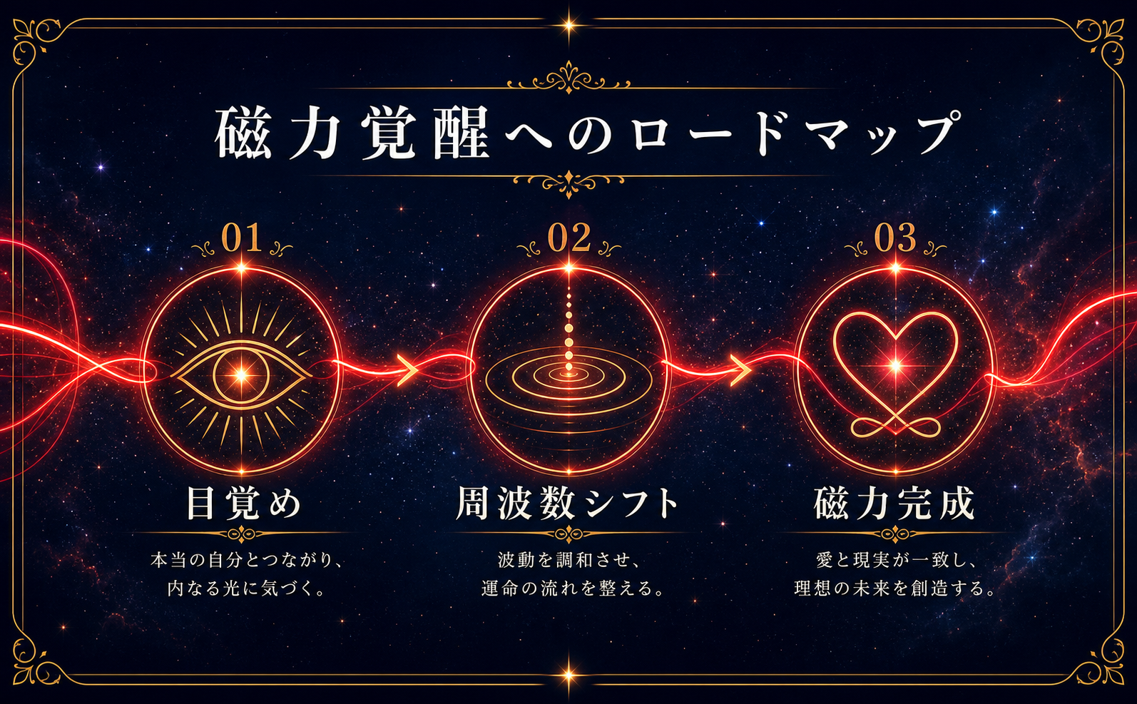 深い紺色の宇宙的背景に、左から右へ流れる美しい赤い光の糸。その糸に沿って、極細のゴールドラインで描かれた3つのミニマルなアイコンが並ぶロードマップ風インフォグラフィック。左のアイコンは「目覚め」を示す光る瞳、中央は「周波数シフト」を示す波紋、右は「磁力完成」を示す輝くハートの結び目。各アイコンにはほのかなクリムゾンレッドの光彩（グロー効果）がある。上部には「磁力覚醒へのロードマップ」という明朝体の白いテキスト。本や表紙の描写は一切なし。
