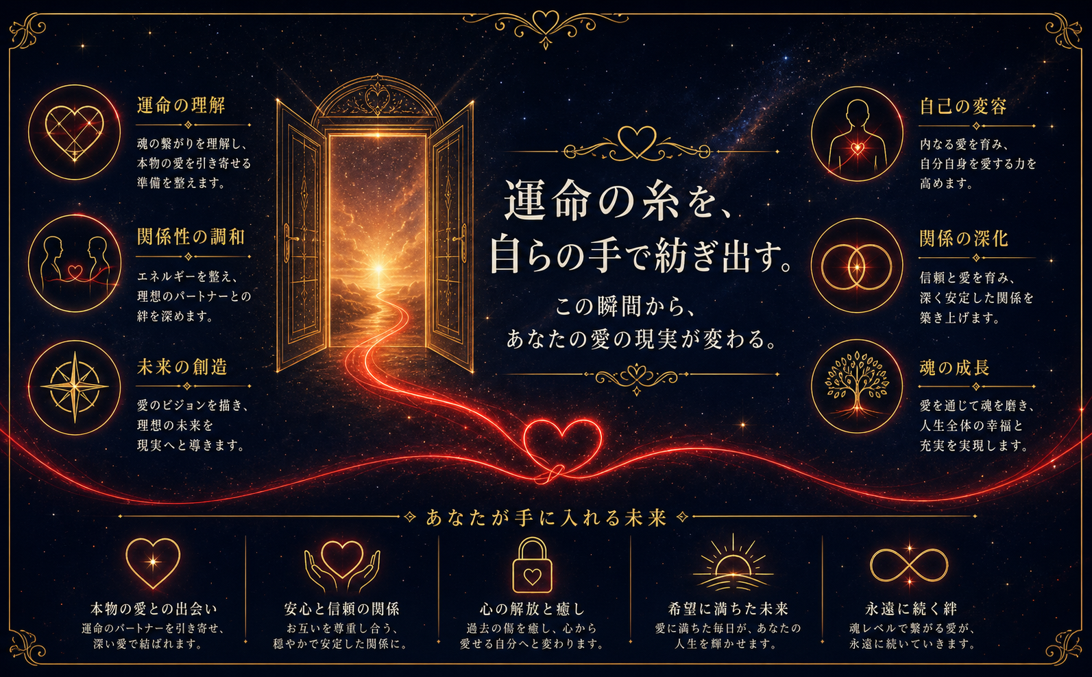 ミッドナイトネイビーの星空を背景に、黄金に輝く開かれた扉のミニマルなシルエット。扉の向こうからはヴィブラントアンバーの暖かく力強い光が溢れ出し、そこへ向かって一本の赤い光の糸が導くように伸びている。中央には「運命の糸を、自らの手で紡ぎ出す。この瞬間から、あなたの愛の現実が変わる。」という力強い明朝体の白いテキスト。高級感と神秘性が漂う、行動を促すデザイン。本や表紙の描写は一切なし。