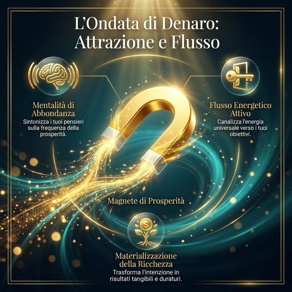 Calamita a forma di U in oro massiccio lucidissimo, circondata da particelle luminose dorate (bokeh) che gravitano verso di essa su sfondo blu notte.