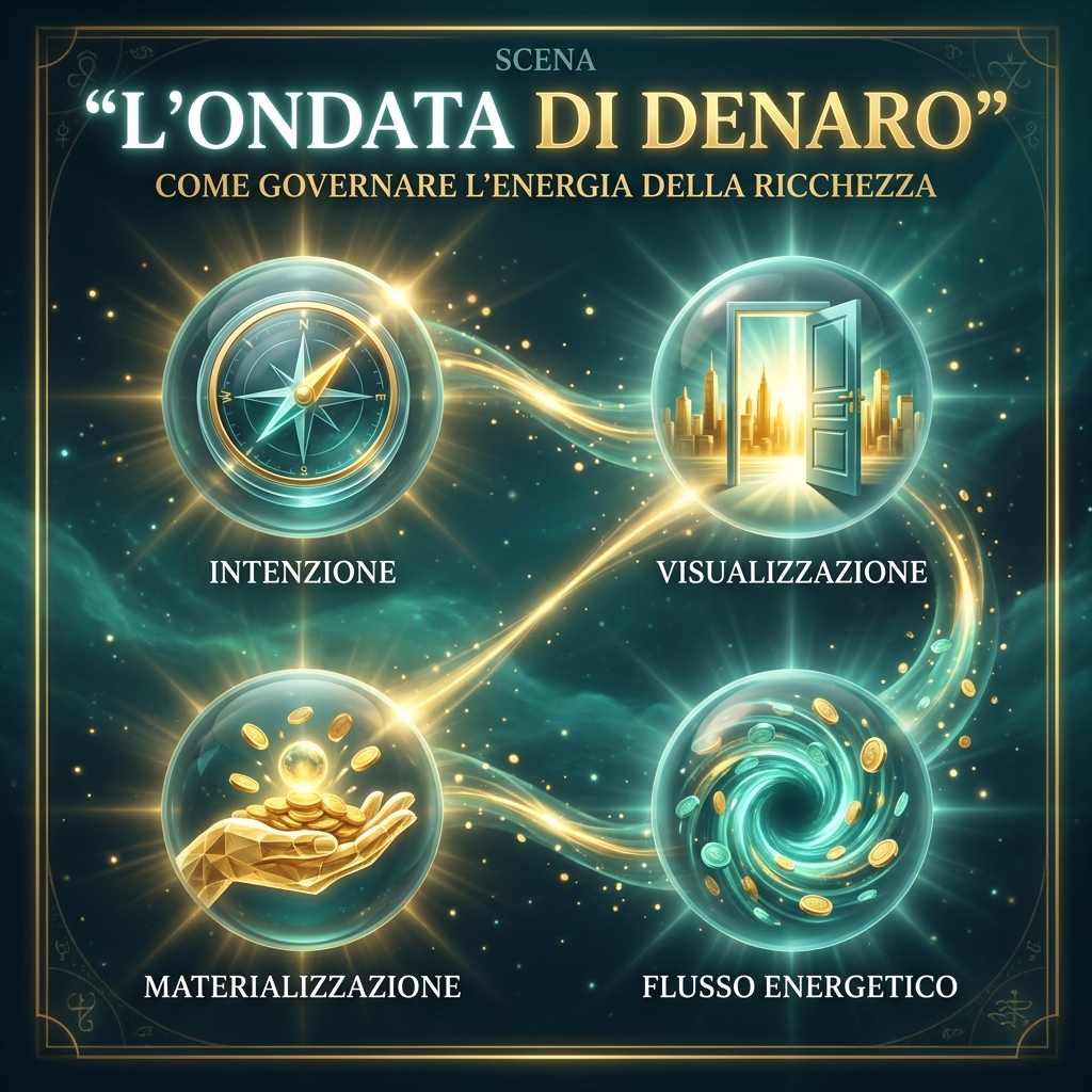 Visual Identity Profile [L'ONDATA DI DENARO]: Theme: Metaphysical Wealth. Color Palette: Midnight Teal, Gold, Seafoam Green. SCENA: Una porta aperta realizzata in vetro traslucido, illuminata da intensi raggi di luce dorata (God rays) che provengono dall'interno, su uno sfondo cosmico scuro.
