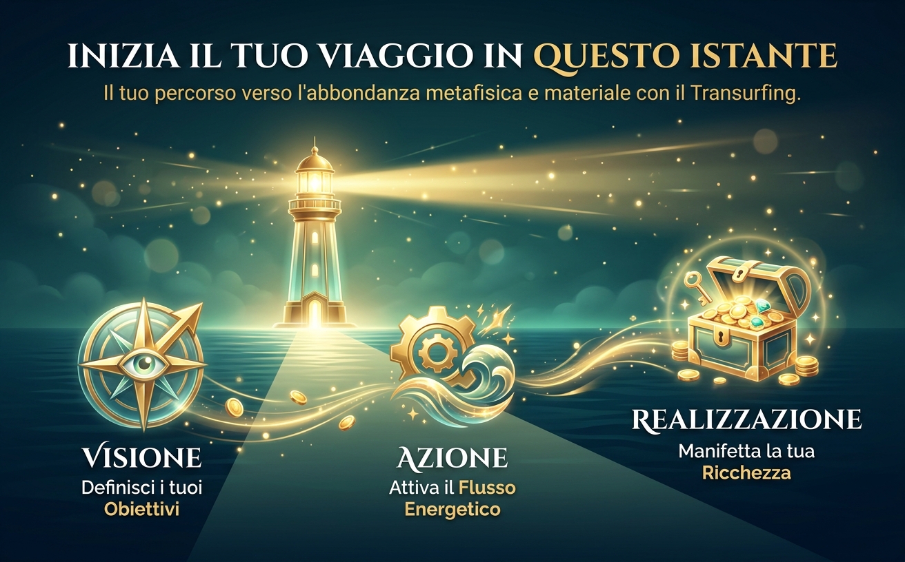 Visual Identity Profile [L'ONDATA DI DENARO]:
Theme: Metaphysical Wealth & Transurfing Aesthetics.
Color Palette: Deep Midnight Teal (#05161E), Vibrant Gold (#FFD700), Seafoam Green (#20B2AA), Pure White (#FFFFFF).
Lighting: Cinematic lighting with golden light rays (God rays) and ethereal glow.
Background: Dark teal cinematic gradients with floating gold particles and subtle light streaks.
Iconography: 3D glassmorphic or polished gold objects with realistic reflections.
Typography Style: Elegant, high-contrast Serif for titles; Clean, spaced Sans-serif for body text.
Decorative Elements: Golden bokeh, mirror-like surfaces, thin gold frames, flowing water energy.
Exclusions: No flat design, no bright/neon colors, no cluttered scenes, no casual/office settings.
Overall Mood: Luxurious, mystical, aspirational, and transformative.

SCENA: Un imponente faro di luce dorata che squarcia l'oscurità di un mare blu notte, rivelando un sentiero luminoso e calmo sull'acqua. Atmosfera epica e aspirazionale. Testo in italiano in bianco puro e oro: "INIZIA IL TUO VIAGGIO IN QUESTO ISTANTE". Formato orizzontale.