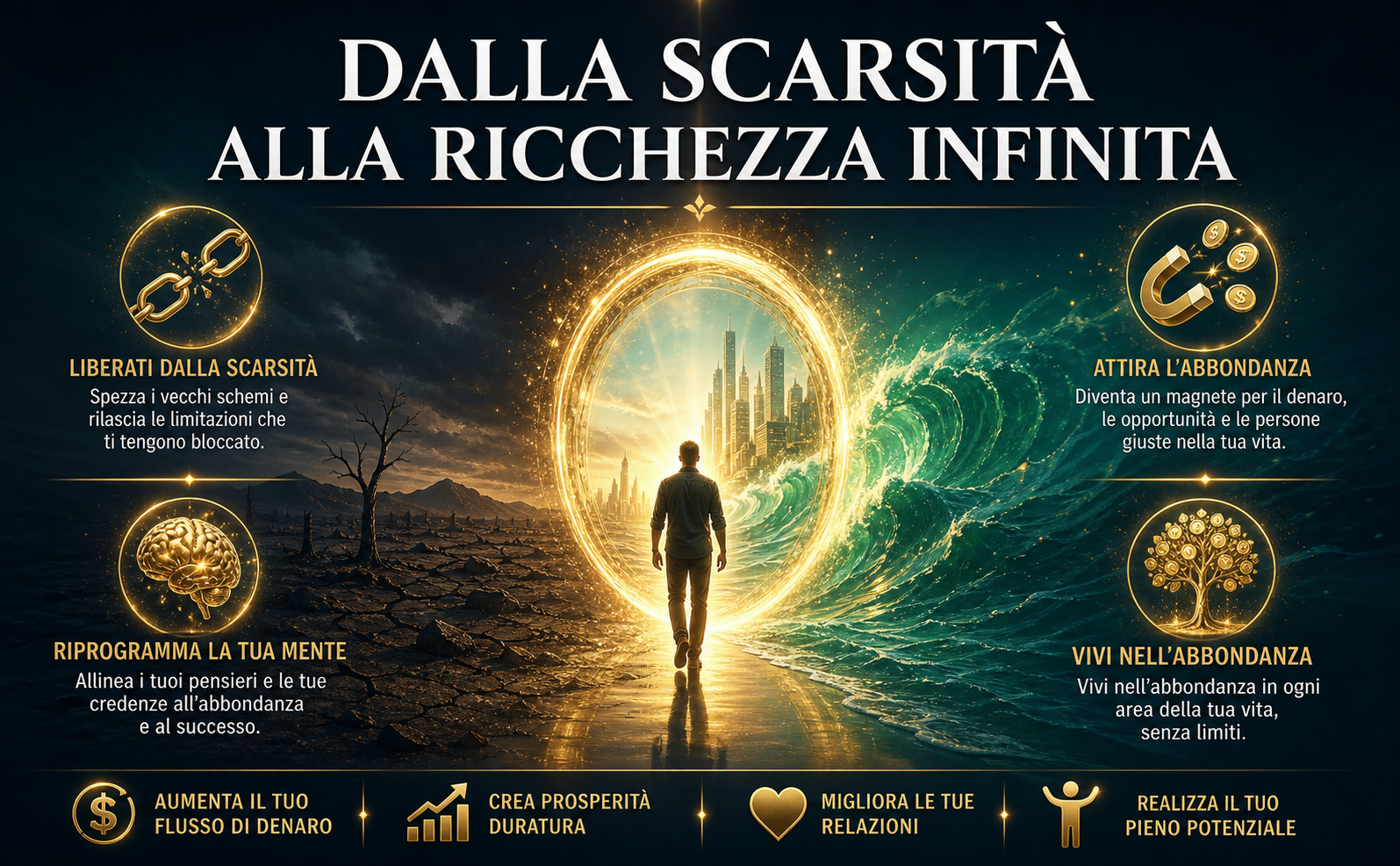 Immagine panoramica 970x600. Stile: Sfondo con gradiente cinematico scuro (Quasi Nero/Notte #05161E e Blu Petrolio Profondo #0B2531), con eleganti riflessi luminosi e polvere dorata. Al centro, la sagoma luminosa di una persona che cammina attraverso un portale dorato brillante (#EAB34D), lasciando dietro di sé un deserto arido e buio per entrare in un paesaggio di onde fluide e luminose verde smeraldo (#2D6A4F). Testo in sovraimpressione con font Serif elegante e autorevole bianco puro: "DALLA SCARSITÀ ALLA RICCHEZZA INFINITA". Atmosfera mistica, lussuosa e trasformativa. Nessun libro presente.