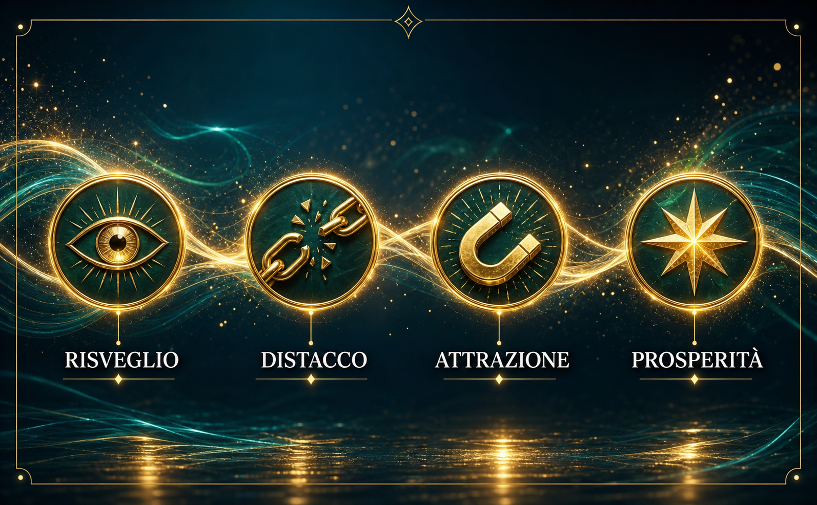 Immagine panoramica 970x600. Stile: Infografica di marketing premium. Sfondo Blu Petrolio (#0B2531) con particelle di luce dorata. Una linea del tempo curva ed elegante a forma di onda luminosa attraversa l'immagine. Sulla linea ci sono 4 nodi circolari con icone 3D metalliche dorate: 1) Un occhio aperto, 2) Delle catene spezzate, 3) Un magnete radiante, 4) Una stella a otto punte. Etichette di testo in font Serif bianco (#FFFFFF) sotto ogni icona: "RISVEGLIO", "DISTACCO", "ATTRAZIONE", "PROSPERITÀ". Design pulito, lussuoso, niente caos. Nessun libro presente.