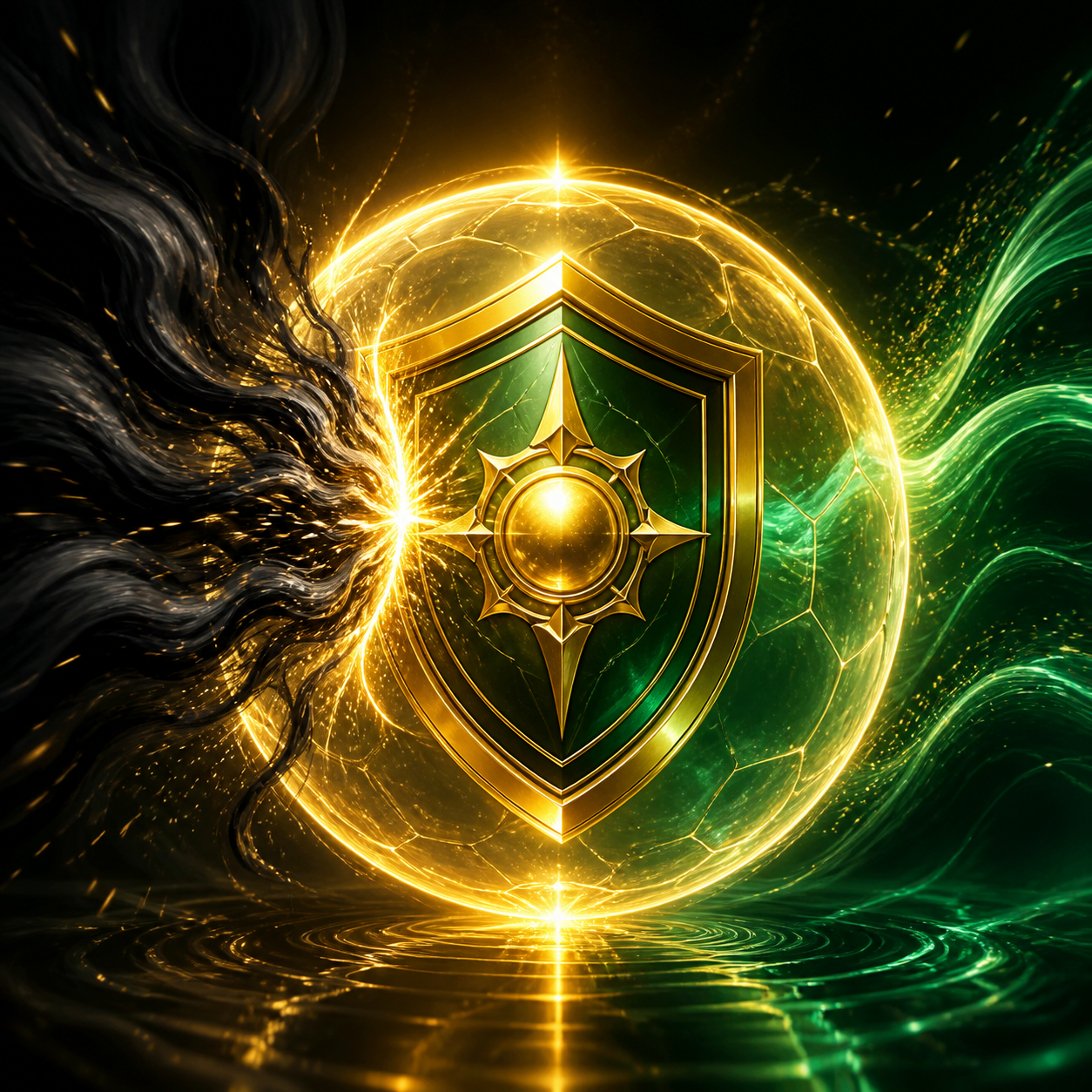 Icona 3D di uno scudo di energia sferico ed elegante, con finitura metallica, che respinge onde oscure. Colori dominanti oro brillante e verde smeraldo su sfondo scuro cinematico. Nessun libro.