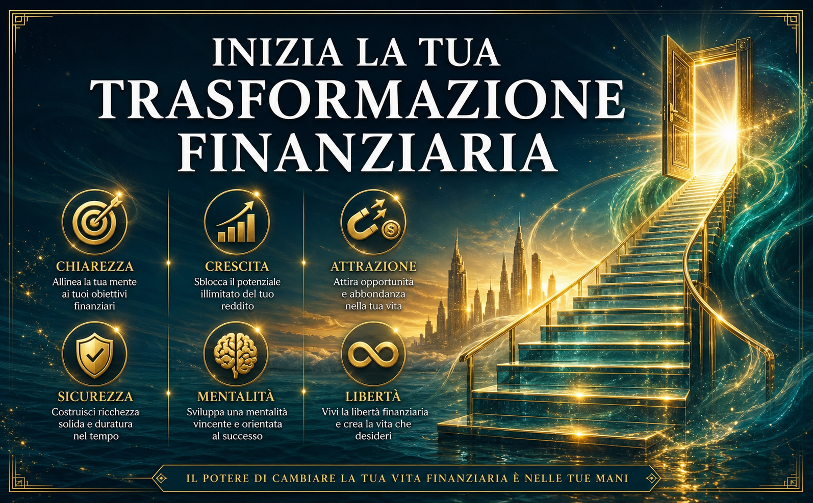 Immagine panoramica 970x600. Stile: Scena aspirazionale ed epica. Sfondo Blu Petrolio (#0B2531) che sfuma verso un orizzonte luminoso e dorato (#EAB34D). In primo piano, una maestosa scala di vetro illuminata che sale verso una porta aperta da cui irradia una luce brillante. Testo grande e in grassetto al centro in font Serif elegante (#FFFFFF): "INIZIA LA TUA TRASFORMAZIONE FINANZIARIA". Atmosfera di trionfo, lusso e possibilità infinite. Nessun libro presente nell'immagine.