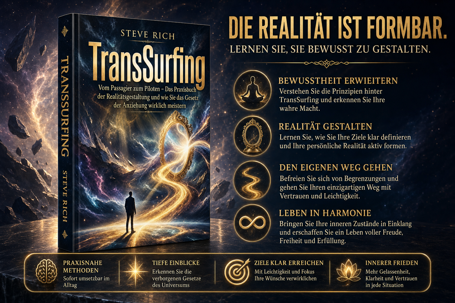 Visual Style Guide Injection: Theme: TransSurfing Cinematic Branding. Color Palette: Deep space blue (#0A0C1B), radiant gold (#C5A059), nebula purple (#5E2A78). Lighting: High contrast, ethereal glow, cinematic god rays originating from a central light source. Atmosphere: Mystical, empowering, vast, professional. Texture: Cosmic dust, floating geometric obsidian fragments, golden energy trails. Style: Hyper-realistic, 8k resolution, elegant, gold-rimmed decorative elements. Avoid: Flat design, bright primary colors, cartoonish styles, cluttered backgrounds. Motiv: Eine elegante, dreistufige Infografik in Form einer goldenen, leuchtenden Treppe oder eines Energiepfades, der aus der Dunkelheit in strahlendes Licht führt. Begleitet von dünnen, goldenen Linien-Icons (ein Auge, ein Schild, eine Krone). Text im Bild auf Deutsch: "ERWACHEN", "ABWEHR", "KREATION". Keine Bücher oder Cover-Mockups.