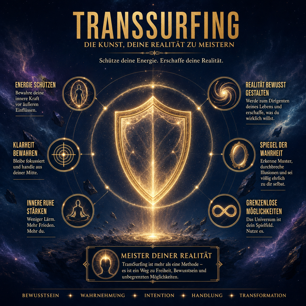 Visual Style Guide Injection: Theme: TransSurfing Cinematic Branding. Color Palette: Deep space blue (#0A0C1B), radiant gold (#C5A059), nebula purple (#5E2A78). Lighting: High contrast, ethereal glow. Motiv: Ein golden leuchtendes, minimalistisches Schild-Icon im Thin-Line-Stil, umgeben von kosmischem Staub, das eine unsichtbare Barriere gegen äußere Einflüsse symbolisiert. Keine Bücher.