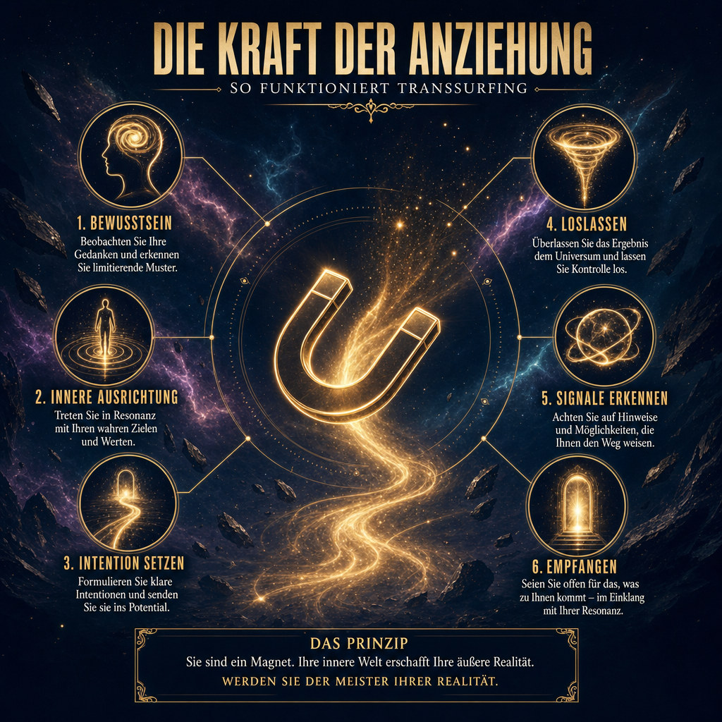 Visual Style Guide Injection: Theme: TransSurfing Cinematic Branding. Color Palette: Deep space blue (#0A0C1B), radiant gold (#C5A059), nebula purple (#5E2A78). Lighting: High contrast, ethereal glow. Motiv: Ein elegantes, goldenes Magnet- oder Gravitations-Icon im Thin-Line-Stil, das leuchtende Partikel aus dem tiefen Raum anzieht. Keine Bücher.