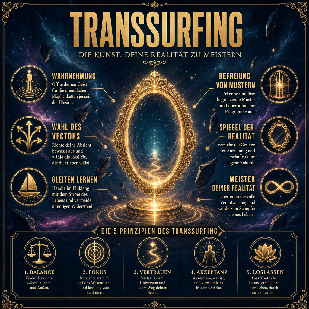 Visual Style Guide Injection: Theme: TransSurfing Cinematic Branding. Color Palette: Deep space blue (#0A0C1B), radiant gold (#C5A059), nebula purple (#5E2A78). Lighting: High contrast, ethereal glow. Motiv: Ein goldenes, leuchtendes Portal-Icon im Thin-Line-Stil, das sich in eine endlose, sternenerfüllte Leere öffnet. Geometrische Fragmente schweben im Hintergrund. Keine Bücher.