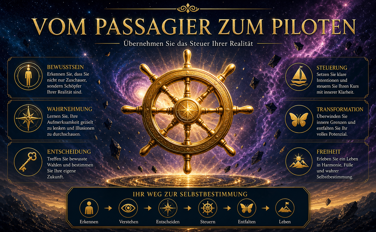 Visual Style Guide Injection: Theme: TransSurfing Cinematic Branding. Color Palette: Deep space blue (#0A0C1B), radiant gold (#C5A059), nebula purple (#5E2A78). Lighting: High contrast, ethereal glow, cinematic god rays originating from a central light source. Atmosphere: Mystical, empowering, vast, professional. Texture: Cosmic dust, floating geometric obsidian fragments, golden energy trails. Style: Hyper-realistic, 8k resolution, elegant, gold-rimmed decorative elements. Avoid: Flat design, bright primary colors, cartoonish styles, cluttered backgrounds. Szene: Ein glänzendes, goldenes Steuerrad, das majestätisch im Kosmos schwebt. Im Hintergrund ein gewaltiger, epischer Sternennebel in tiefem Violett und Blau. Deutscher Text in eleganter, goldener Serifenschrift, der im Raum schwebt: "VOM PASSAGIER ZUM PILOTEN".