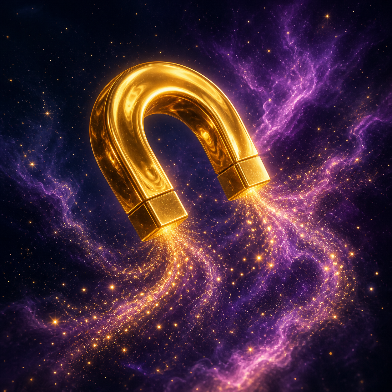 Visual Style Guide Injection: Theme: TransSurfing Cinematic Branding. Color Palette: Deep space blue (#0A0C1B), radiant gold (#C5A059), nebula purple (#5E2A78). Lighting: High contrast, ethereal glow. Szene: Ein schwebender, flüssig-goldener Magnet, der leuchtende, sternenstaubartige Partikel aus dem dunklen Violett des Raumes sanft anzieht. Elegante 3D-Darstellung.