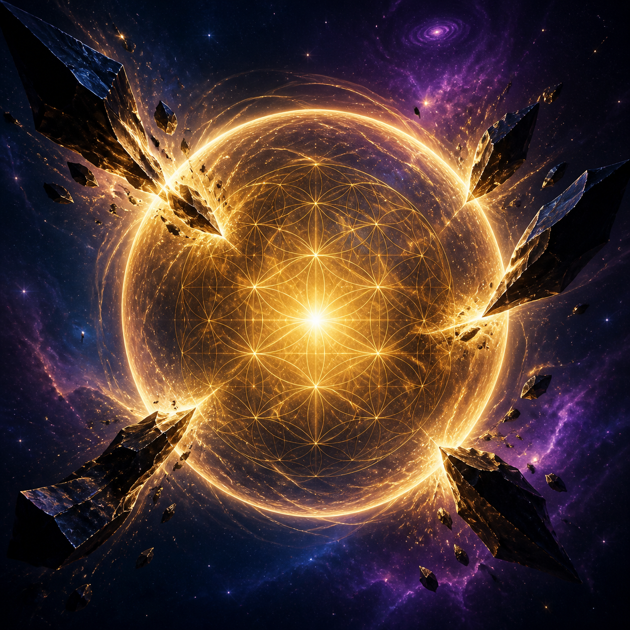 Visual Style Guide Injection: Theme: TransSurfing Cinematic Branding. Color Palette: Deep space blue (#0A0C1B), radiant gold (#C5A059), nebula purple (#5E2A78). Lighting: High contrast, ethereal glow. Szene: Ein leuchtender, goldener Schild oder eine energetische Sphäre, an der dunkle, scharfkantige Obsidian-Fragmente wirkungslos abprallen. Tiefer Raum im Hintergrund.