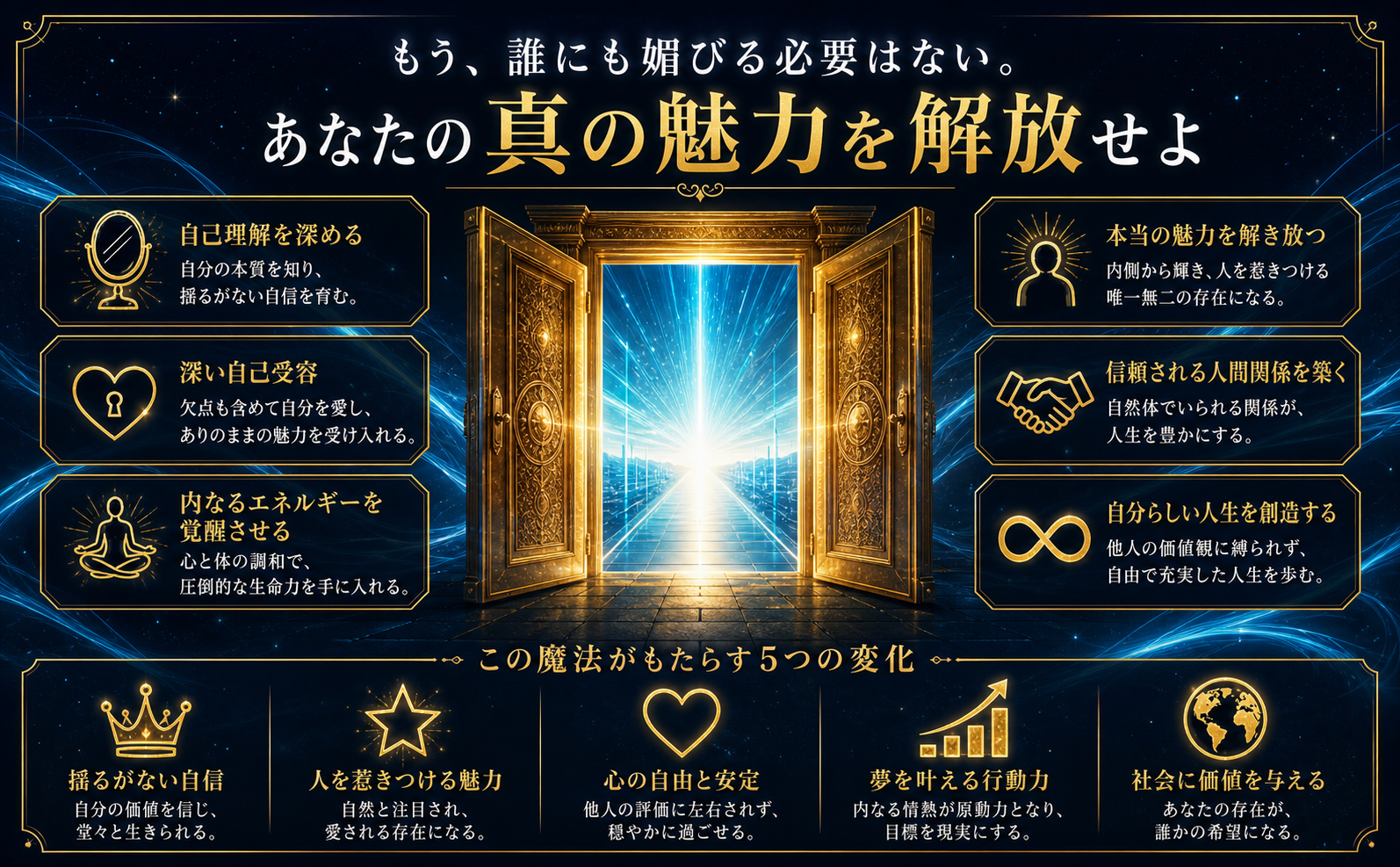 【背景】深みのあるミッドナイトネイビー。かすかな星屑とエレクトリックシアンのエネルギー・トレイルが舞う。【被写体】開かれた重厚な黄金の扉。その先には眩い純白とシアンの光が広がり、無限の可能性を示唆している。【テキスト】中央に優雅な明朝体（白とゴールド）で「もう、誰にも媚びる必要はない。あなたの真の魅力を解放せよ」と大きく配置。【雰囲気】読者の心を強く揺さぶる、荘厳で希望に満ちた高級感あふれるビジュアル。
