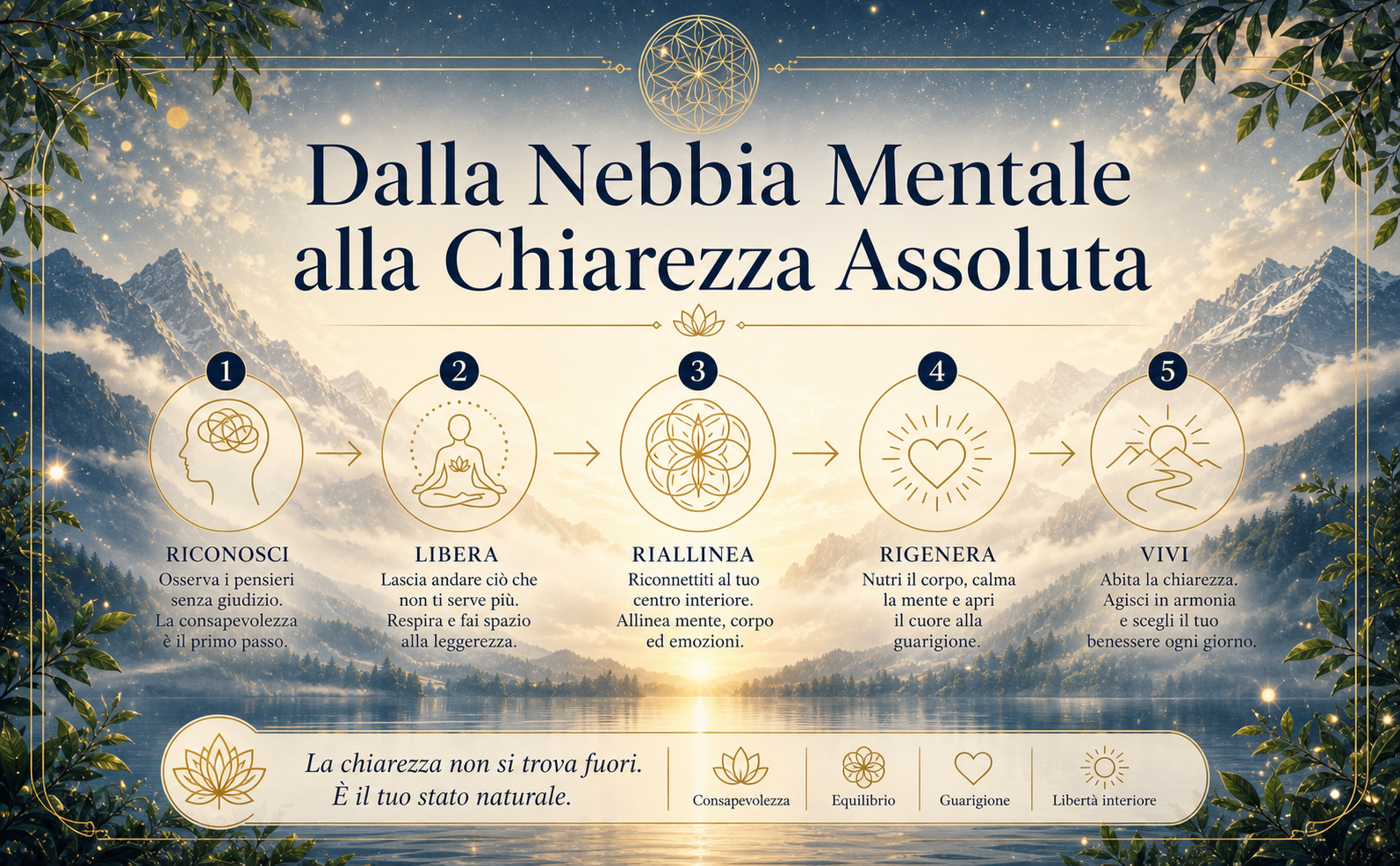 Immagine di paesaggio naturale in soft focus all'alba con montagne maestose e un lago alpino placido. Colori predominanti: blu notte profondo (#0B2B4E) e crema luminoso (#F9F4E1). Testo elegante in font serif classico al centro: "Dalla Nebbia Mentale alla Chiarezza Assoluta". Effetti di luce bokeh e scintille dorate soffuse. Atmosfera di serenità spirituale e trascendenza. Nessun libro o oggetto fisico presente.