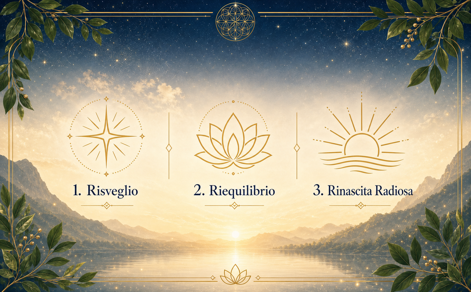 Infografica di marketing orizzontale. Sfondo con gradiente tra cielo stellato e luce dell'alba. Tre icone line-art minimaliste in oro antico (#B88B3E): una scintilla (a sinistra), un fiore di loto (al centro) e un sole nascente (a destra). Etichette in italiano sotto ogni icona: "1. Risveglio", "2. Riequilibrio", "3. Rinascita Radiosa". Cornici dorate sottili e foglie verdi realistiche (#2D4F1E) che incorniciano i bordi. Stile elegante e mistico, nessun libro visibile.