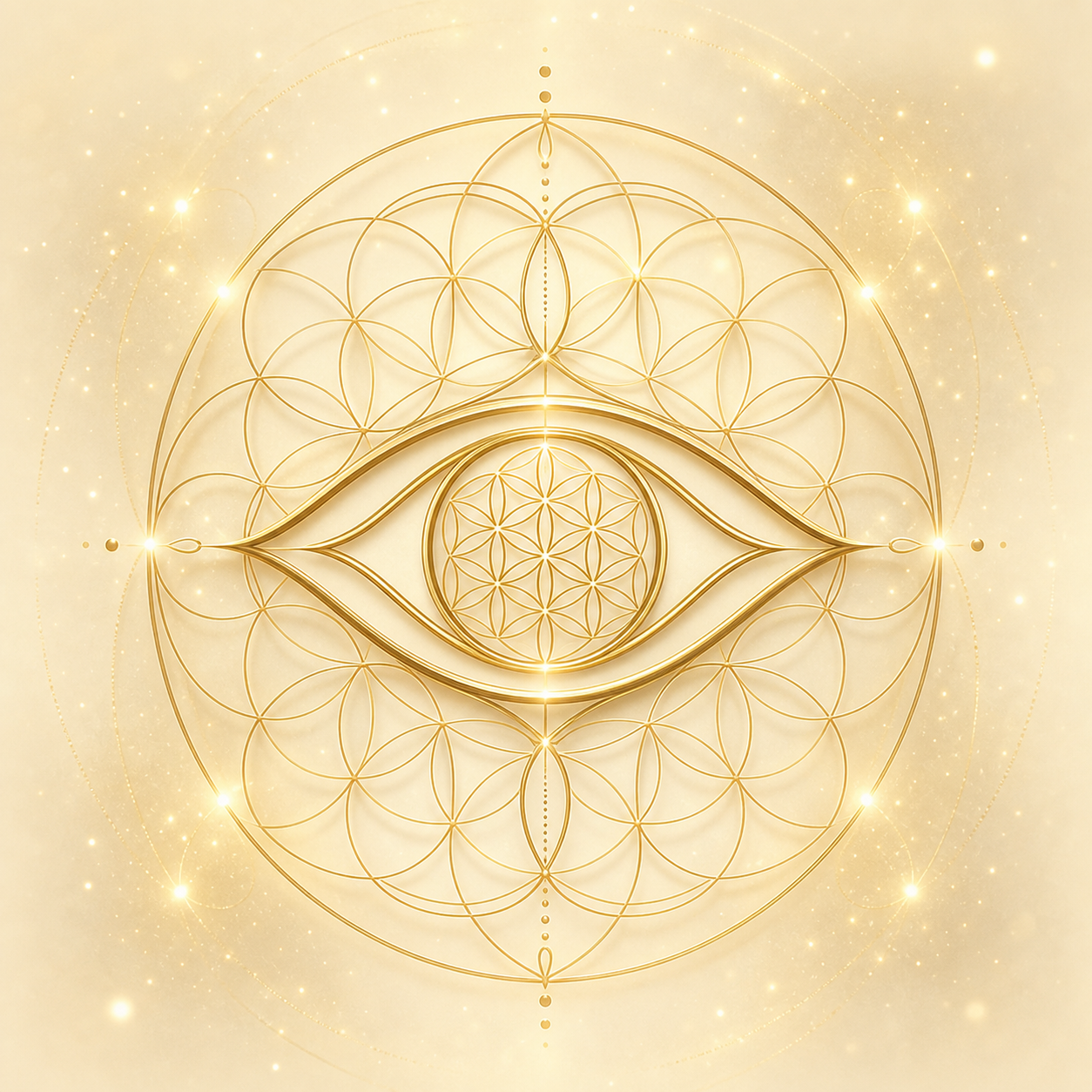 Icona line-art in oro antico (#B88B3E) di un occhio stilizzato intrecciato con il fiore della vita, su sfondo crema luminoso (#F9F4E1). Circondata da scintille dorate soffuse. Design minimalista ed etereo. Nessun libro.