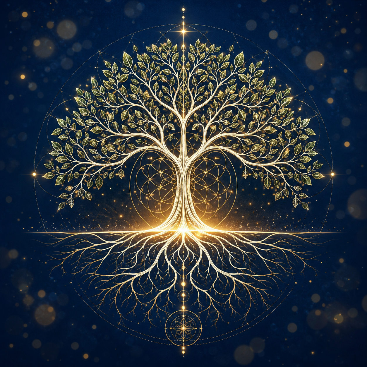Icona line-art bianca e oro di un albero rigoglioso dalle radici profonde, posizionato su uno sfondo blu notte profondo (#0B2B4E) con delicati effetti di luce bokeh. Stile geometrico sacro. Nessun libro.