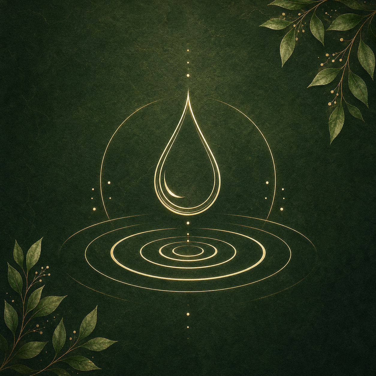 Icona line-art minimalista di una goccia d'acqua perfetta che crea onde concentriche, su sfondo verde foresta (#2D4F1E) con leggera texture organica di carta antica. Nessun libro visibile.
