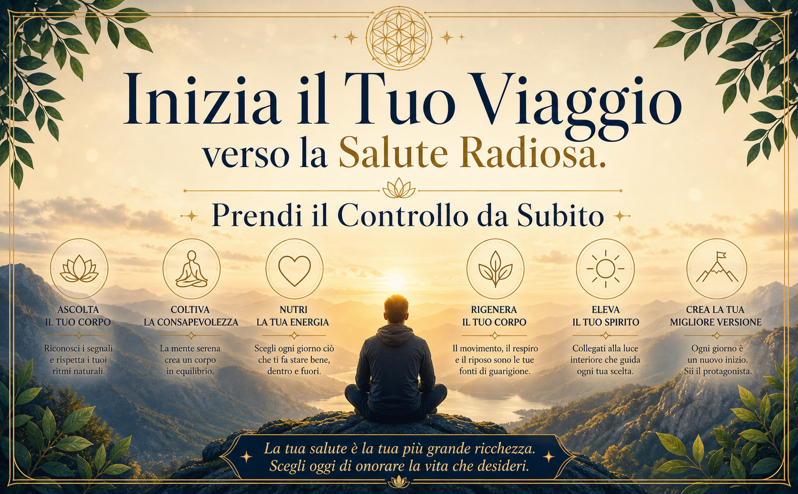 Immagine motivazionale in soft focus: una figura umana di spalle, in silhouette, che guarda un'alba maestosa dalla cima di una montagna serena. Colori caldi, oro antico e blu notte profondo. Testo elegante e grande in font serif classico: "Inizia il Tuo Viaggio verso la Salute Radiosa. Prendi il Controllo da Subito". Cornice sottile dorata. Atmosfera di trascendenza e potere interiore. Assolutamente nessun libro visibile.