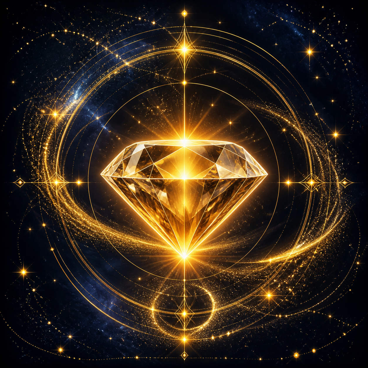 FARBPALETTE: #050C1A, #D4AF37, #F9D423. Ein ätherisches 3D-Glow-Icon eines leuchtenden Diamanten, umgeben von feinen Goldlinien und Sternenstaub auf kosmischem dunkelblauen Hintergrund. Keine Bücher.