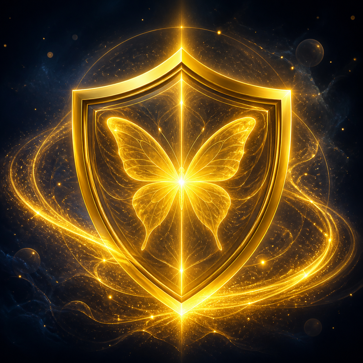 FARBPALETTE: #050C1A, #D4AF37, #F9D423. Ein ätherisches 3D-Glow-Icon eines schützenden, goldenen Schildes, durchdrungen von semi-transparenten Lichteffekten auf tiefblauem Grund. Keine Bücher.