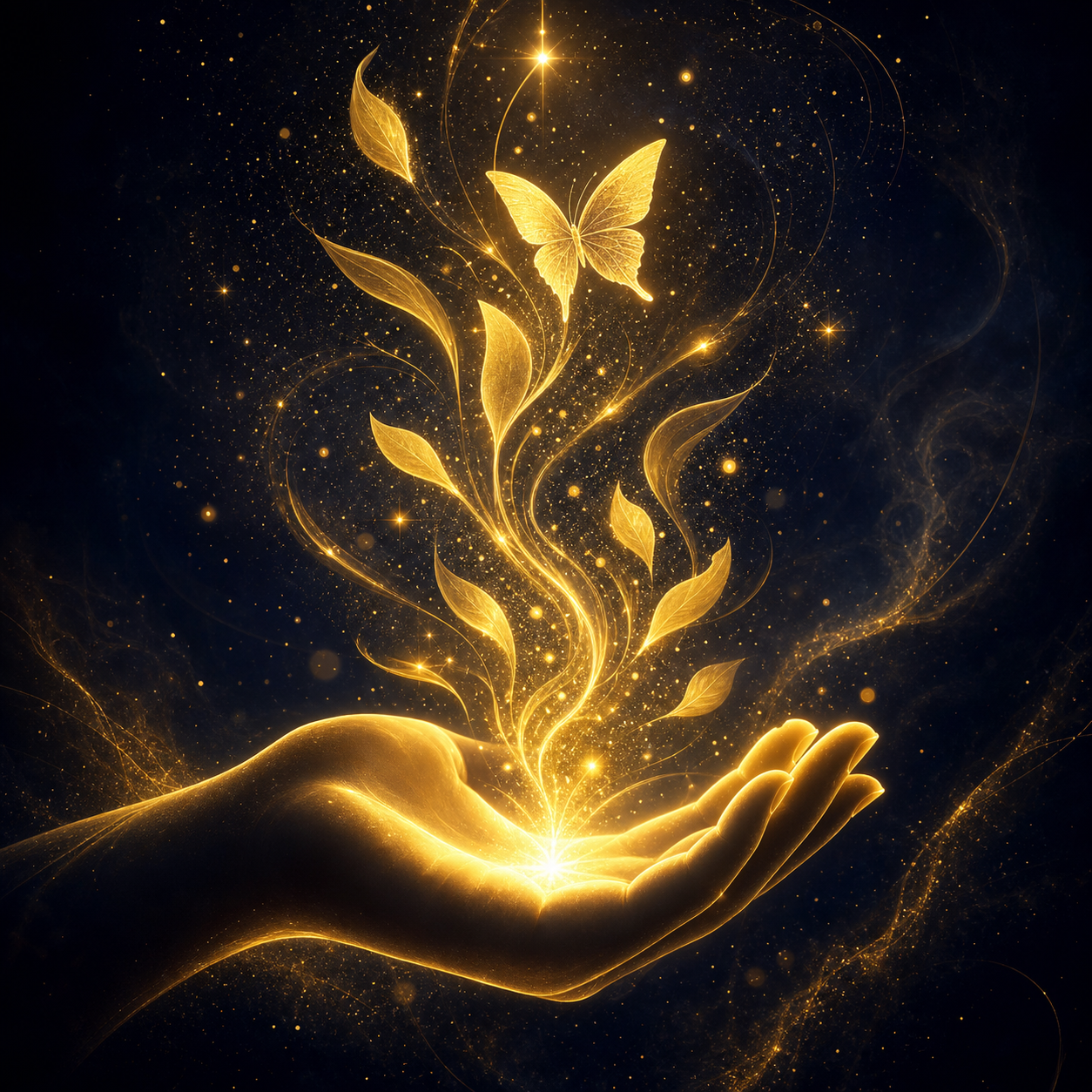 FARBPALETTE: #050C1A, #D4AF37, #F9D423. Ein ätherisches 3D-Glow-Icon einer geöffneten Hand, aus der ein leuchtender Strom aus goldenen Partikeln und organischen Formen aufsteigt. Keine Bücher.