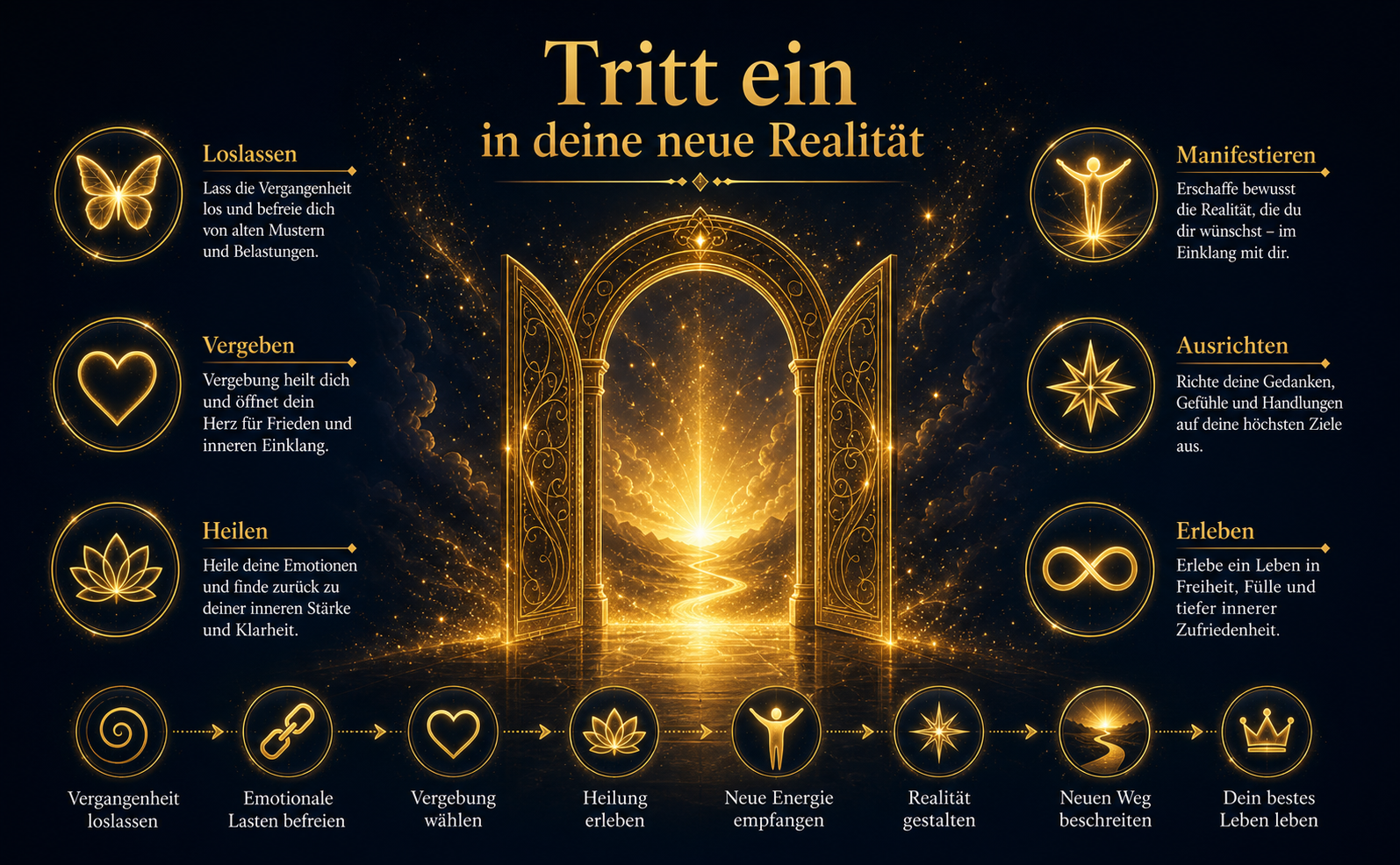 Ein breites Querformat-Bild (970x600). FARBPALETTE: Hintergrund #050C1A, Primär-Gold #D4AF37, Akzent-Licht #F9D423, Text-Weiß #FFFFFF. SZENE: Ein majestätisches, offenes Tor aus filigranen Goldlinien, durch das ein strahlendes, warmes Licht bricht, das den dunklen, kosmischen Raum erhellt. Goldener Sternenstaub schwebt durch das Tor. TYPOGRAFIE: Großer, eleganter Serif-Text in Gold: "Tritt ein in deine neue Realität". Keine grellen Farben, keine Bücher, mystische und friedvolle Atmosphäre.
