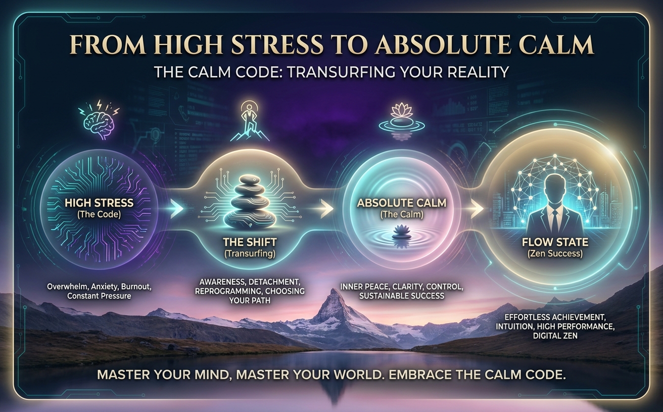 A person in a sharp, elegant suit standing calmly on a high mountain peak at sunset, looking out over a glowing digital horizon. The posture exudes supreme confidence and total relaxation. High-contrast, cinematic lighting. Key text to display in elegant Serif font: "From High Stress to Absolute Calm". Style Guide: [Theme: Digital Zen / Transurfing Aesthetic] [Palette: #0D1B2A, #D4AF37, #00D2D3, #D8BFD8] [Lighting: Cinematic, soft sunset glow mixed with teal digital luminescence] [Elements: Zen stones, circuit board patterns, still water reflections, ethereal glowing auras] [Mood: Professional, serene, high-status, focused] [Avoid: Clutter, bright neon, casual fonts, literal office settings].