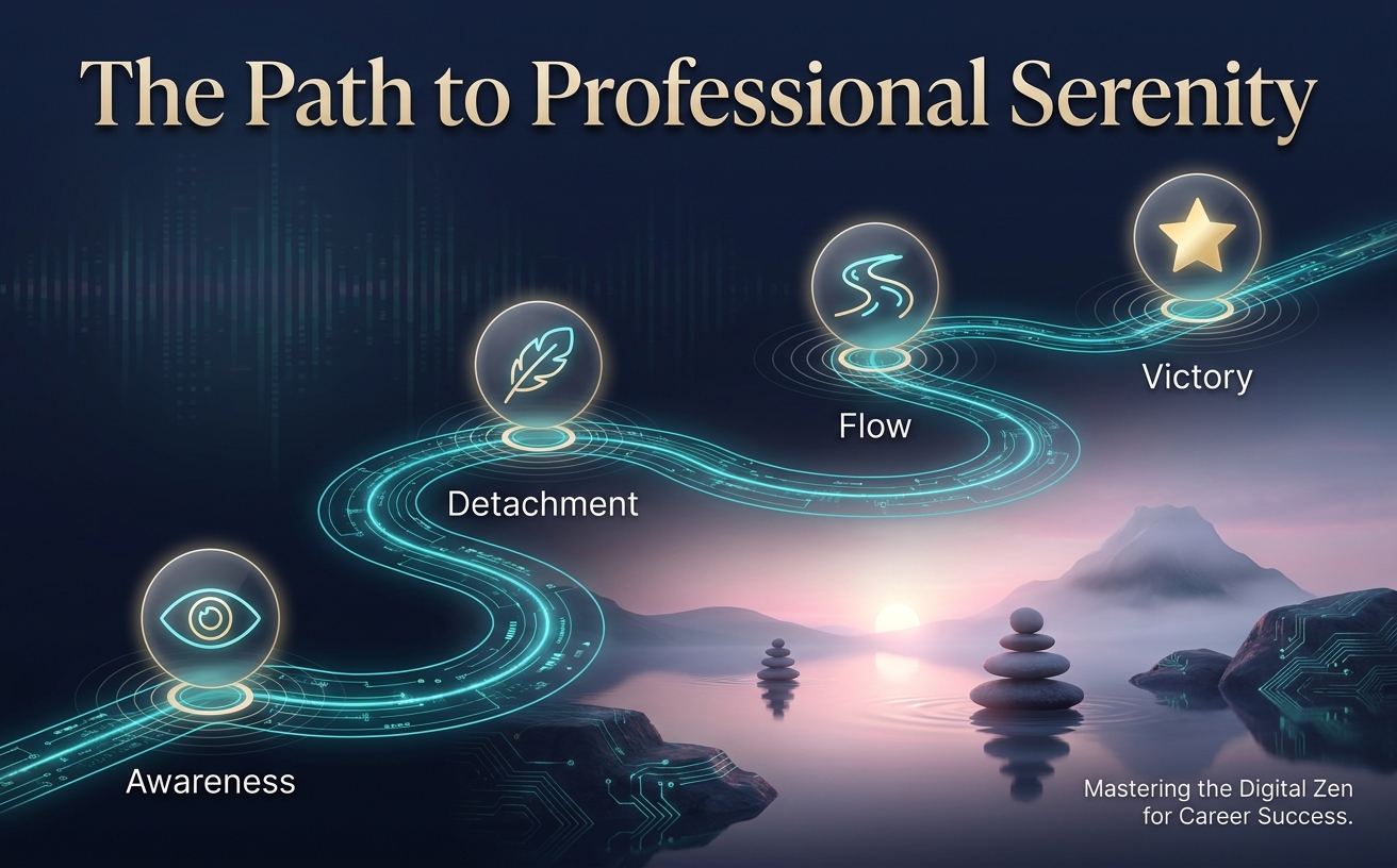 A professional marketing infographic showing a glowing roadmap winding through a dark, high-tech landscape, leading up to a serene, misty mountain peak. Four distinct glowing waypoints with minimalist glassmorphism icons: an eye (Awareness), a falling feather (Detachment), a smooth river (Flow), and a golden star (Victory). Key text to display: "The Path to Professional Serenity". Style Guide: [Theme: Digital Zen / Transurfing Aesthetic] [Palette: #0D1B2A, #D4AF37, #00D2D3, #D8BFD8] [Lighting: Cinematic, soft sunset glow mixed with teal digital luminescence] [Elements: Zen stones, circuit board patterns, still water reflections, ethereal glowing auras] [Mood: Professional, serene, high-status, focused] [Avoid: Clutter, bright neon, casual fonts, literal office settings].