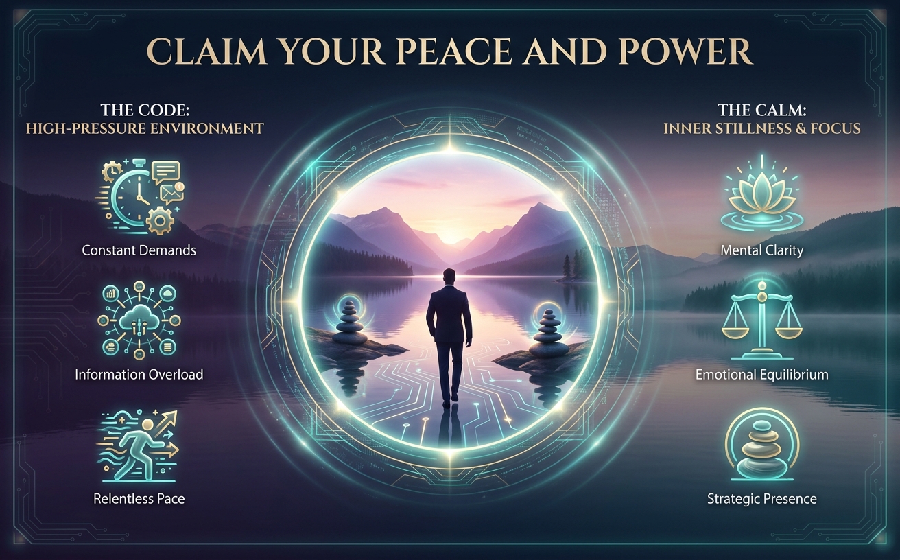 Silhouette of a successful executive stepping confidently through a glowing teal portal into a serene, bright, majestic landscape. High-contrast, aspirational imagery. Key text to display: "Claim Your Peace and Power". Style Guide: [Theme: Digital Zen / Transurfing Aesthetic] [Palette: #0D1B2A, #D4AF37, #00D2D3, #D8BFD8] [Lighting: Cinematic, soft sunset glow mixed with teal digital luminescence] [Elements: Zen stones, circuit board patterns, still water reflections, ethereal glowing auras] [Mood: Professional, serene, high-status, focused] [Avoid: Clutter, bright neon, casual fonts, literal office settings].