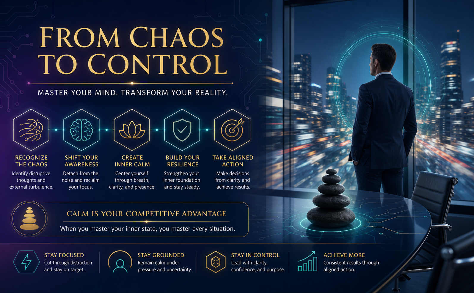 A high-end corporate executive standing calmly in a sleek, modern boardroom overlooking a bustling city at night. The city below is slightly blurred to suggest speed and chaos, while the executive is in sharp focus, surrounded by a subtle, glowing Cyber Teal halo. A balanced Zen cairn (stone stack) sits on the glass boardroom table. The overall color palette features Deep Navy backgrounds with Gold accents. Large elegant serif text reads: "From Chaos to Control." Professional marketing style, high-tech tranquility.