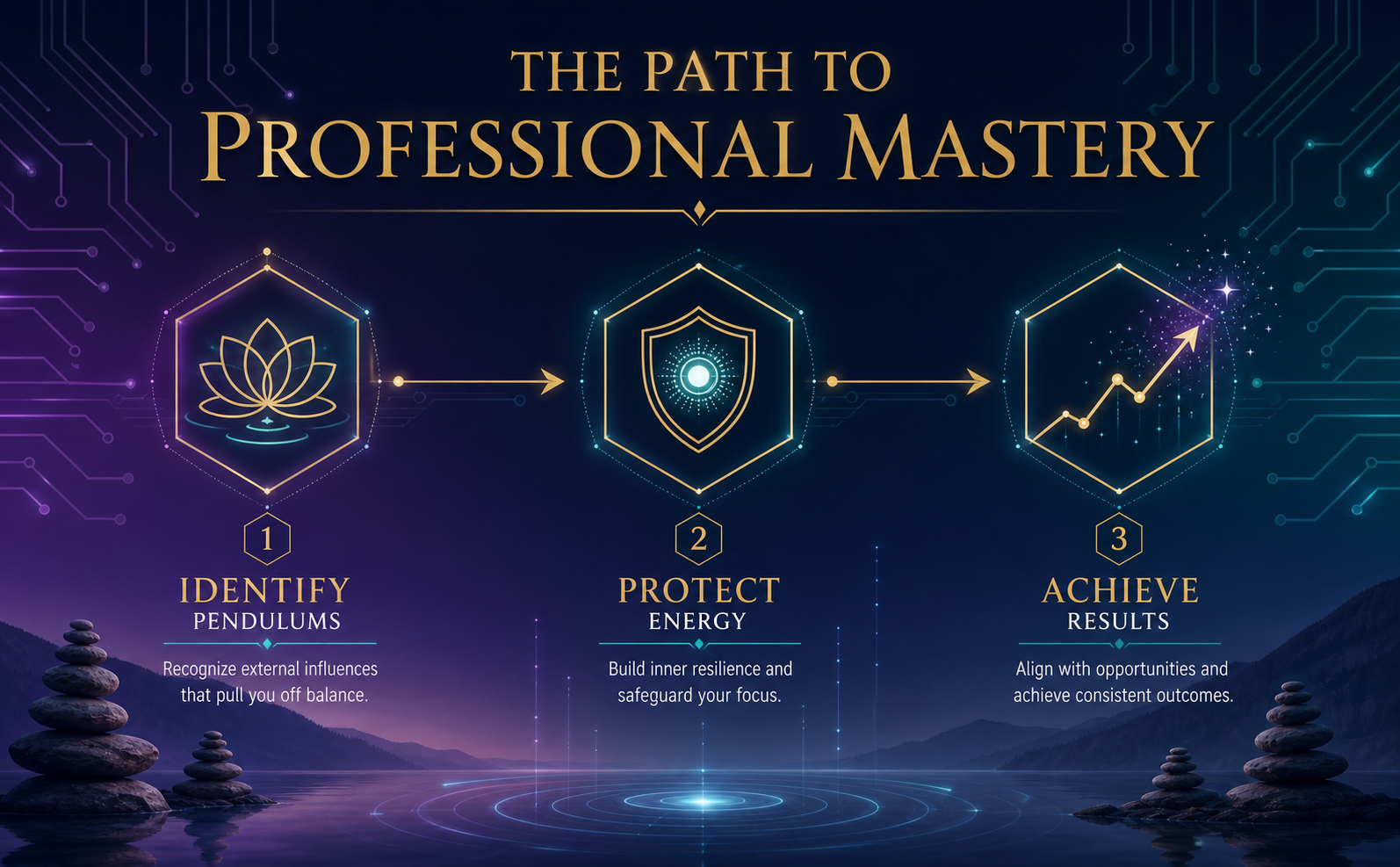 A sleek horizontal timeline infographic titled "The Path to Professional Mastery" in Gold serif typography. The background is a Deep Navy to Dusk Purple gradient with subtle cyber-circuit traces. Three glowing Techno-Organic Line Art icons mark the steps: 1. A lotus flower encased in a geometric hexagon (labeled "Identify Pendulums"), 2. A shield with a glowing center (labeled "Protect Energy"), 3. An upward trending line graph dissolving into starlight (labeled "Achieve Results"). Minimalist, high-tech tranquility style.