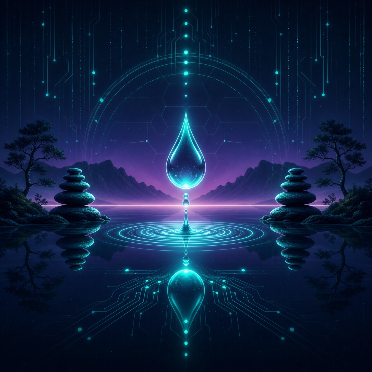 A Techno-Organic Line Art icon of a glowing water drop hitting a perfectly still, mirrored lake surface. Deep Navy background with Cyber Teal highlights.