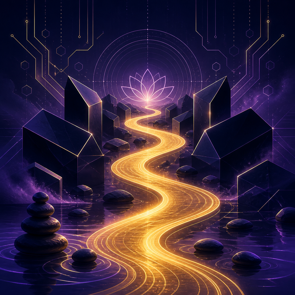A minimalist icon of a smooth, glowing golden river winding effortlessly through sharp geometric obstacles. Soft Lavender lighting accents.