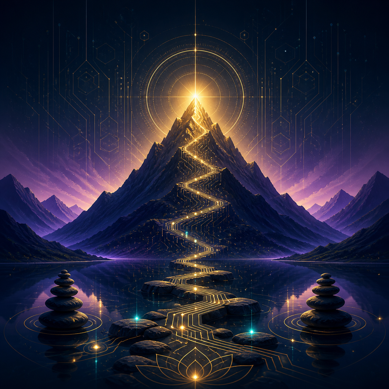 An elegant icon of a glowing summit peak reached by a subtle circuit-board path. Gold and Deep Navy color palette with high-contrast finishing.