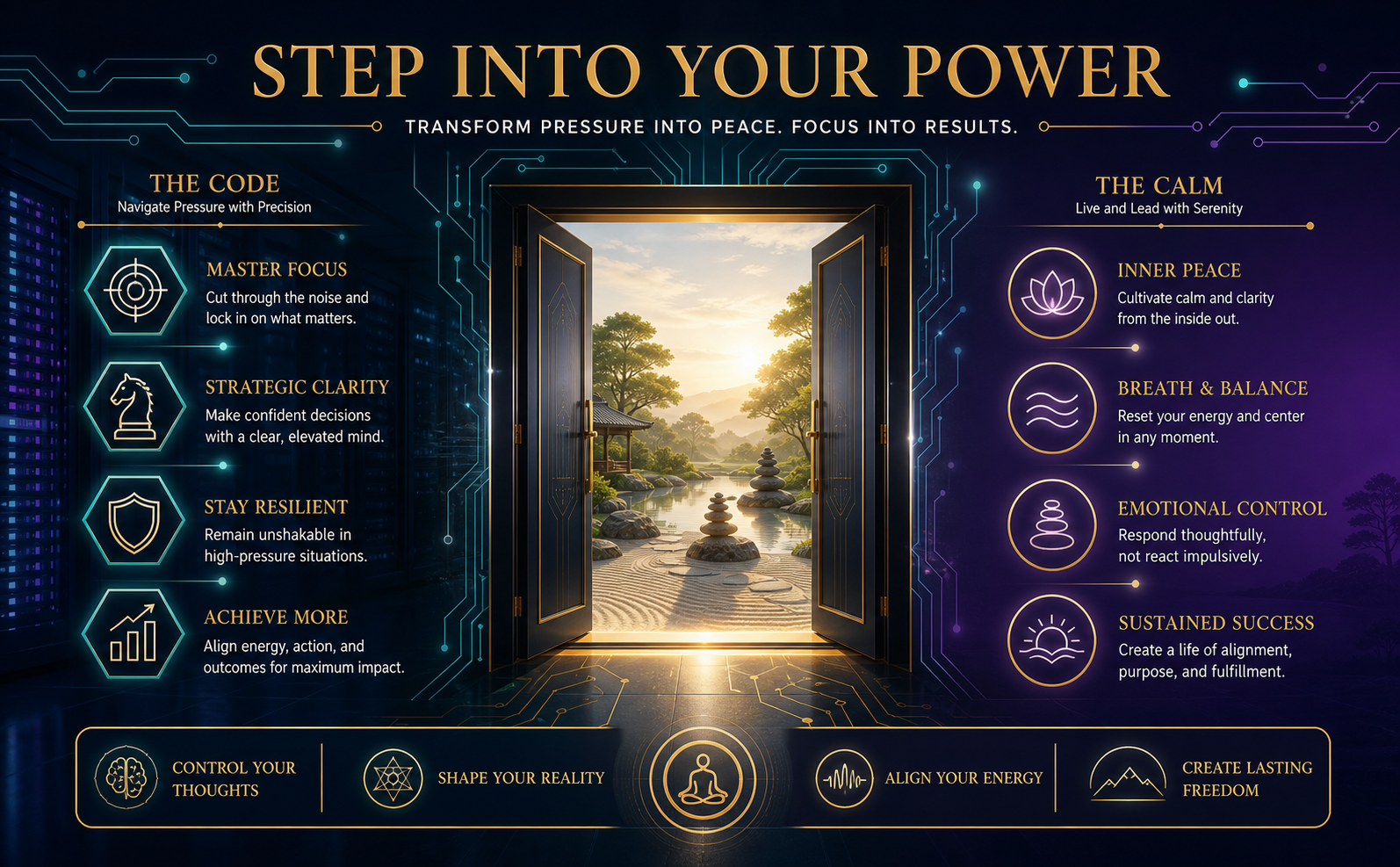 A powerful, aspirational visual showing a glowing open doorway leading from a dark, high-tech server room into a serene, sunlit Zen garden. The doorway is framed by subtle Cyber Teal circuit traces and Gold accents. Large, elegant serif text overlay reads: "Step Into Your Power." Deep Navy and Dusk Purple atmosphere. The image evokes a sense of immediate transformation, high-end professionalism, and elite knowledge.
