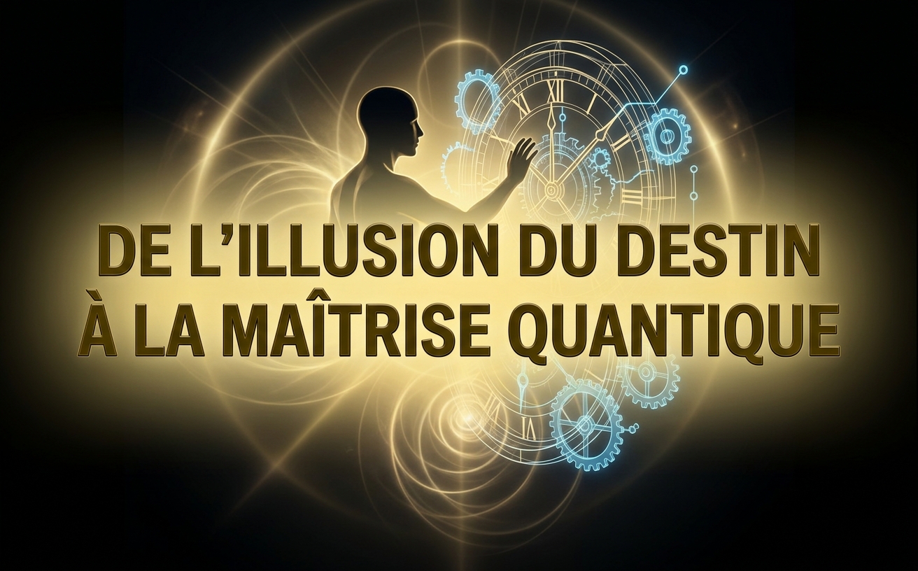 Image marketing, format paysage 970x600. Arrière-plan : Noir Profond (#000000) se dégradant vers un Or Lumineux (#EED685) au centre, avec des spirales d'énergie éthérées et des halos de lumière. Visuel central : Une silhouette humaine abstraite et stylisée (pas de photo réaliste), de profil, touchant une grande horloge ou un mécanisme céleste en filaire 3D luminescent, symbolisant le contrôle du temps et de la réalité. Des accents de Bleu Ciel Luminescent (#87CEEB) soulignent les rouages. Typographie : Grosse police sans-sérif audacieuse, élégante, avec un effet métallique or foncé (#7F6600). En plein milieu de l'image, le grand titre en français : "DE L'ILLUSION DU DESTIN À LA MAÎTRISE QUANTIQUE". Ambiance : mystérieuse, spirituelle, puissante et inspirante. Aucun élément cartoonesque ni réaliste.