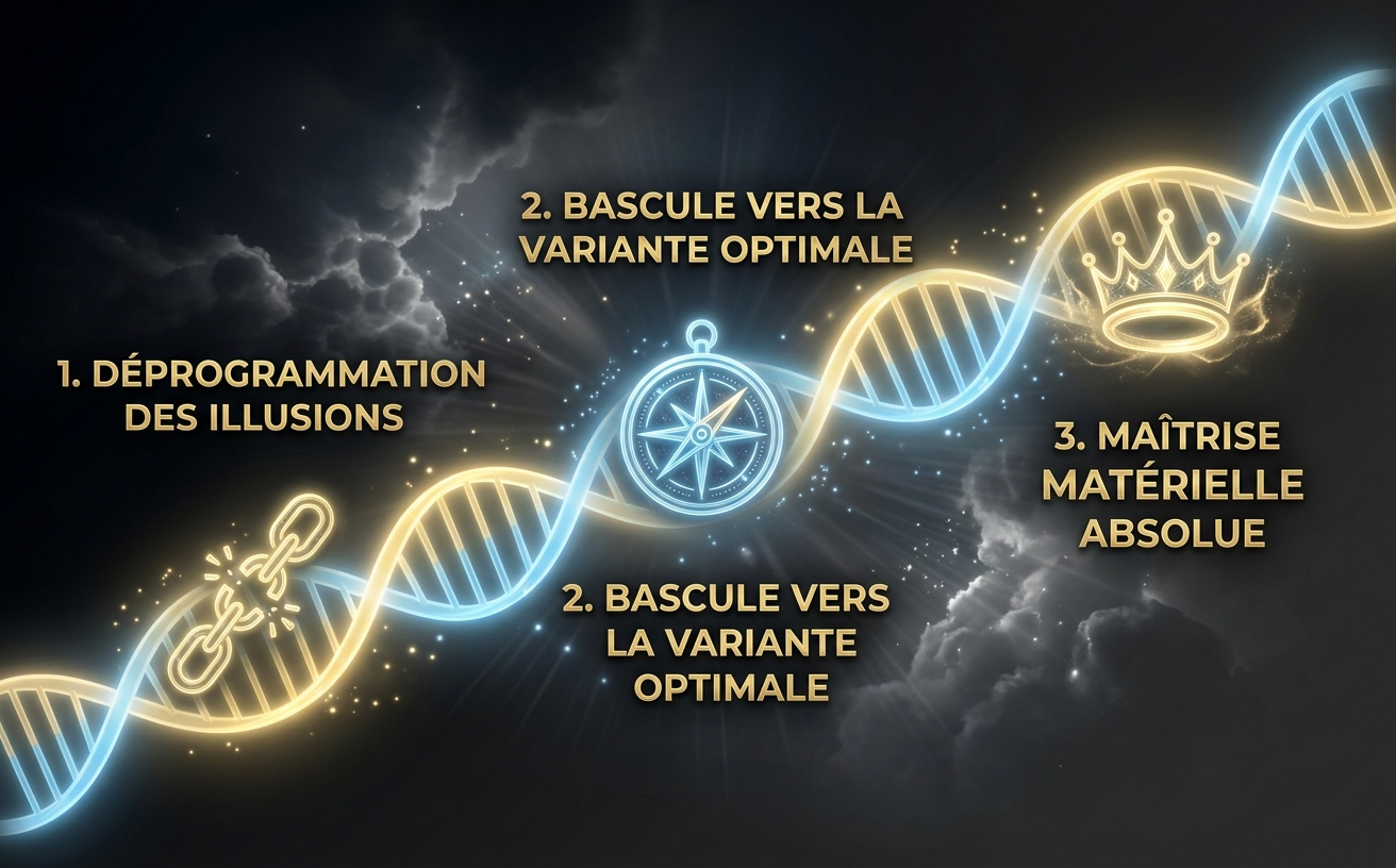 Infographie marketing, format paysage 970x600. Fond spatial mystérieux Noir Profond (#000000) et Gris Sombre Chaud (#2C2C2C), traversé par une ligne temporelle en forme de double hélice ADN lumineuseOr Lumineux (#EED685) et Bleu Ciel (#87CEEB). Trois icônes filaires 3D luminescentes (style néon discret) jalonnent ce chemin. Étape 1 : Une chaîne brisée lumineuse (Texte français : "1. DÉPROGRAMMATION DES ILLUSIONS"). Étape 2 : Une boussole quantique mystique (Texte français : "2. BASCULE VERS LA VARIANTE OPTIMALE"). Étape 3 : Un halo d'énergie couronné (Texte français : "3. MAÎTRISE MATÉRIELLE ABSOLUE"). Typographie sans-sérif audacieuse avec effet or métallique. Ambiance : Haute technologie spirituelle, éthérée, claire, esthétique sophistiquée.