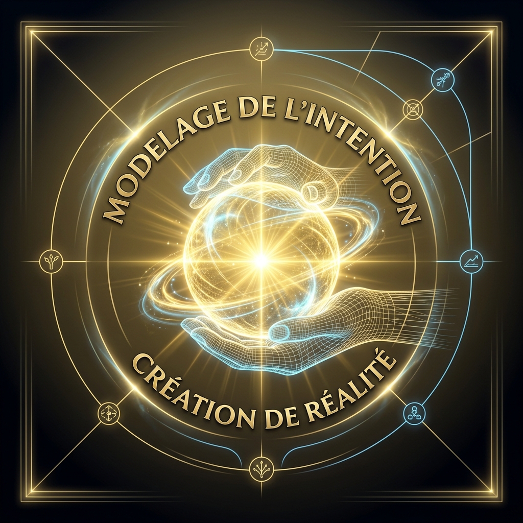 Image 300x300. Dégradé de Noir au centre doré. Icône : Deux mains stylisées luminescentes (non réalistes, filaires) modelant une sphère d'énergie pure et dorée, rayonnant de puissance et de lumière.