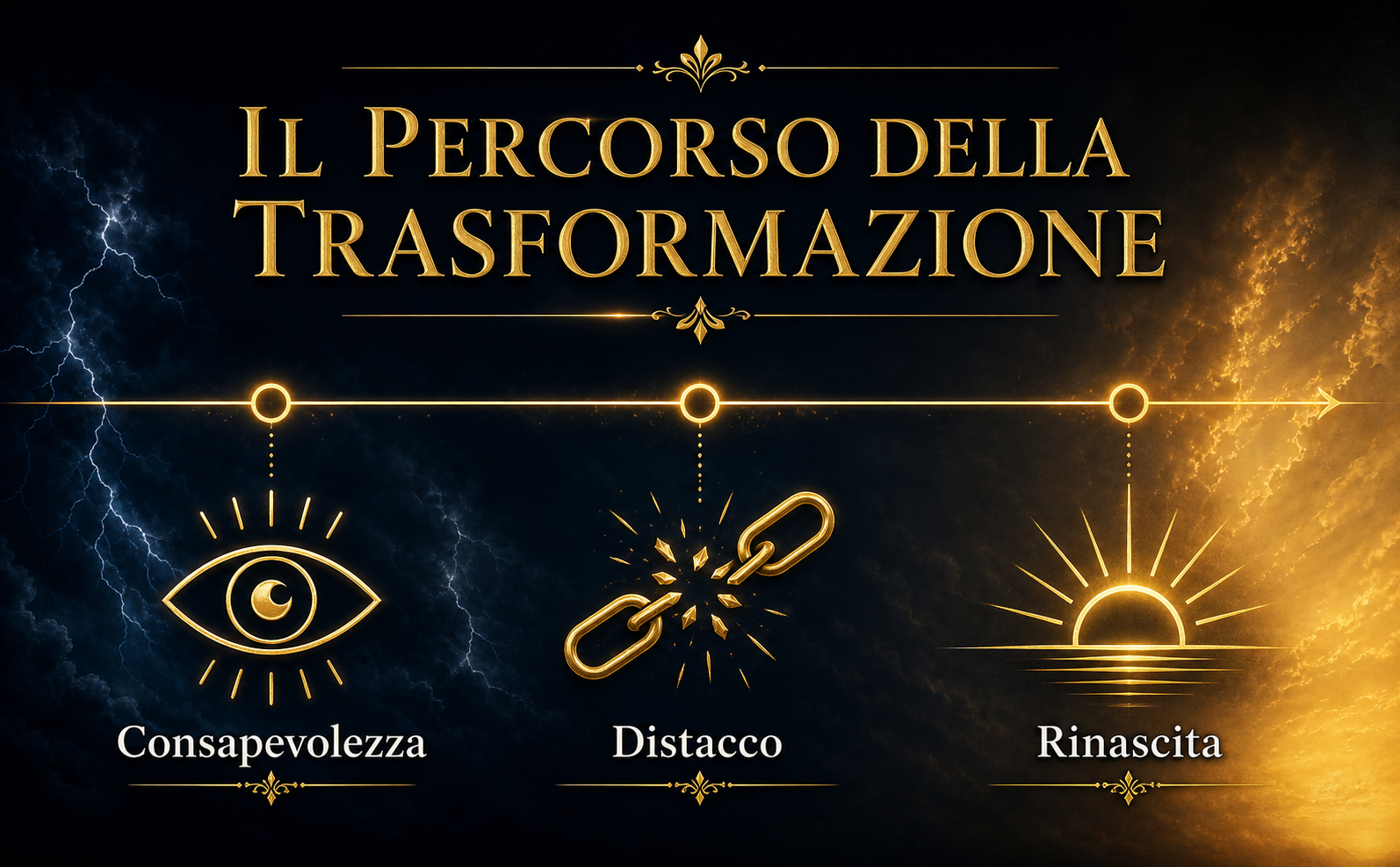 Infografica orizzontale su sfondo nero fumo (#121212) e blu tempesta (#1A2B3C). Una linea temporale dorata elegante attraversa lo schermo da sinistra a destra. Sopra la linea, tre icone minimaliste in stile "Gold Outline" 3D metallico sottile: 1. Un occhio aperto stilizzato (etichetta in basso: "Consapevolezza"), 2. Delle catene spezzate finemente disegnate (etichetta in basso: "Distacco"), 3. Un sole radioso che sorge all'orizzonte (etichetta in basso: "Rinascita"). Testo principale in alto in font Serif dorato: "IL PERCORSO DELLA TRASFORMAZIONE". Stile elegante, bagliori di luce puntiformi dorati (#D4AF37), vignette scure ai bordi. Nessun libro presente. Nessuna copertina.