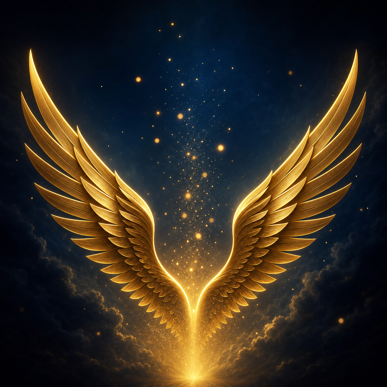 Icona minimalista in oro metallico di grandi ali spiegate verso l'alto, simbolo di liberazione, con particelle di luce dorata fluttuanti verso il cielo. Sfondo gradiente dal blu scuro al nero. Nessun libro.