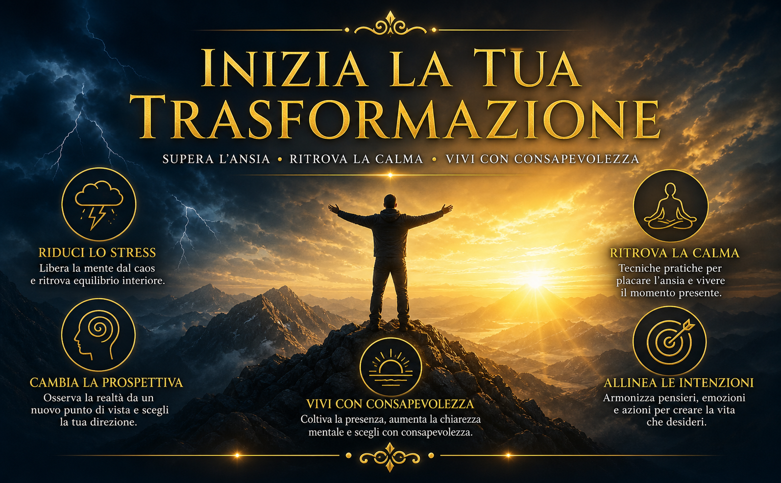 Scena epica e aspirazionale. La cima di una montagna maestosa all'alba. Il cielo è un gradiente dal blu tempesta profondo (#1A2B3C) all'oro radioso del sole nascente (#D4AF37). Sulla vetta, una figura umana di spalle a braccia aperte che accoglie la luce, simbolo di trionfo assoluto e pace interiore. Testo in grande, centrato, font Serif elegante e dorato (#F5D142) con leggero bagliore: "INIZIA LA TUA TRASFORMAZIONE". Atmosfera di immensa libertà, potere e solennità. Sottile fregio classico minimale in basso. Nessun libro presente. Nessuna copertina.
