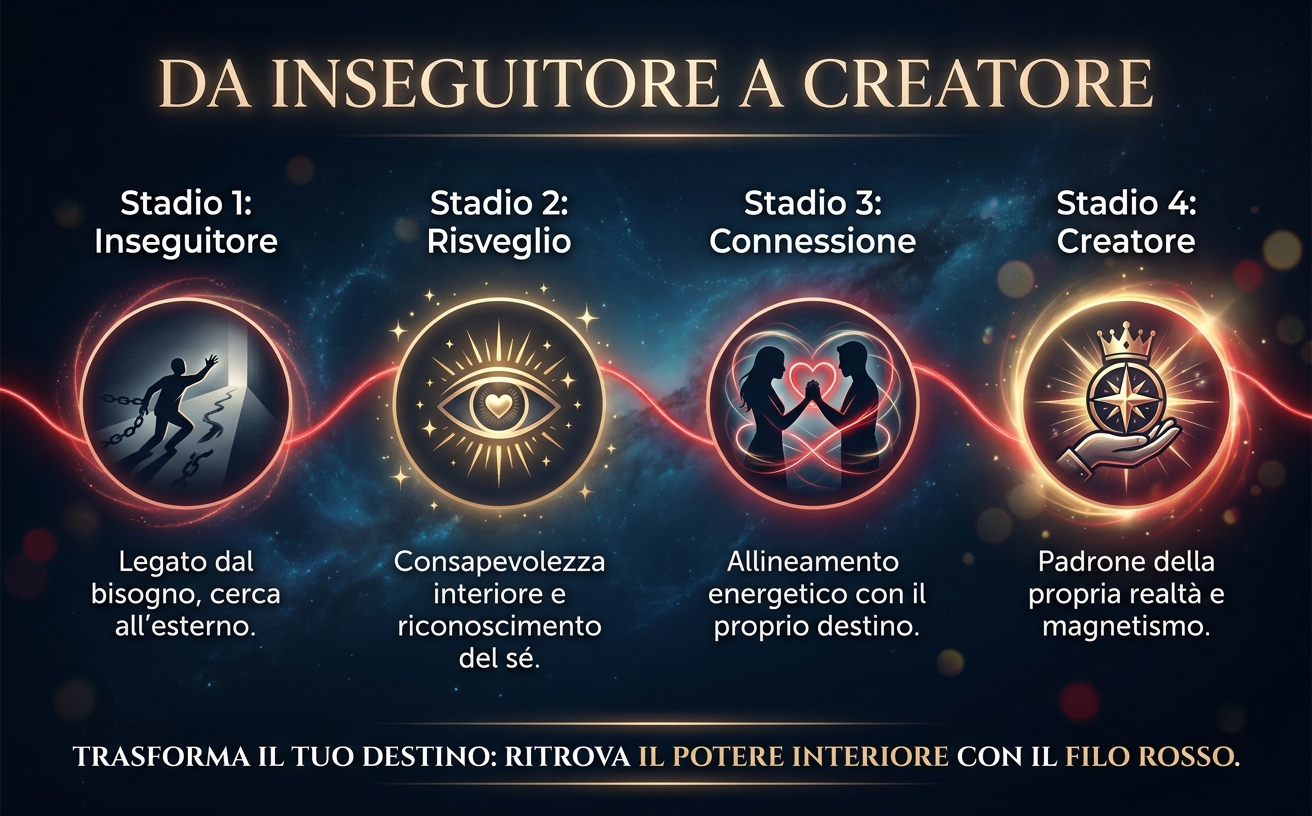 Visual Style Guide: "Il Filo Rosso del Destino" Theme: Cosmic Magnetism & Romantic Destiny. Color Palette: Deep Navy (#0B1126), Glowing Red (#FF2D55), Champagne Gold (#E6D1A4), Pearl White (#FDFDFD). Lighting: Ethereal glow, cinematic backlighting, bokeh effects, and red light trails. Background: Dark nocturnal atmosphere, starry sky. Typography Style: Elegant Serif for titles (gold color), clean Sans-serif for body text (white). Key Elements: Thin glowing red threads connecting two silhouettes in a cosmic embrace. Testo in italiano: "DA INSEGUITORE A CREATORE". Vibe: Premium, mystical, transformative. Avoid: Daylight, flat design, cartoonish icons. Formato orizzontale 970x600.