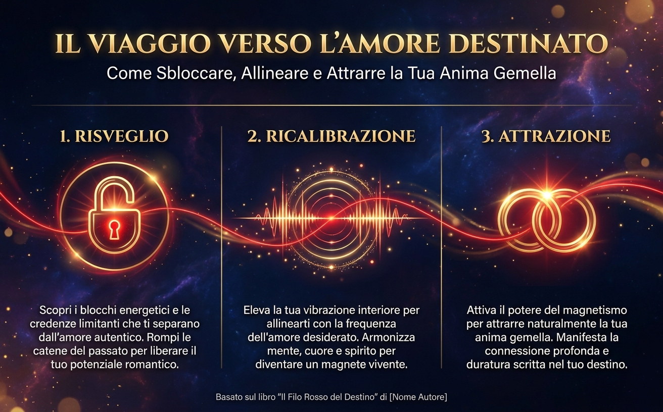Visual Style Guide: "Il Filo Rosso del Destino" Theme: Cosmic Magnetism & Romantic Destiny. Color Palette: Deep Navy (#0B1126), Glowing Red (#FF2D55), Champagne Gold (#E6D1A4), Pearl White (#FDFDFD). Lighting: Ethereal glow, cinematic backlighting, bokeh effects, and red light trails. Background: Deep ocean textures with nebula clouds. Typography Style: Elegant Serif for titles (gold color), clean Sans-serif for body text (white). Key Elements: Infografica orizzontale con tre tappe illuminate da un filo rosso continuo. Icone minimaliste luminose: 1. Un lucchetto che si apre (Sblocco), 2. Onde di energia (Allineamento), 3. Due anelli intrecciati (Unione). Testo in italiano: "1. RISVEGLIO", "2. RICALIBRAZIONE", "3. ATTRAZIONE". Vibe: Premium, mystical, transformative. Avoid: Flat design, corporate icons. Formato orizzontale 970x600.