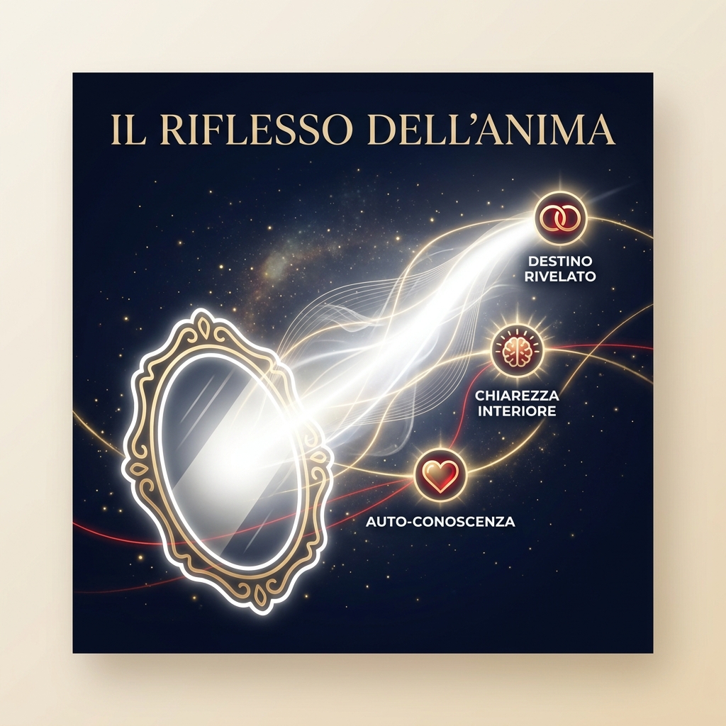 Visual Style Guide: "Il Filo Rosso del Destino". Icona lineare e luminosa di uno specchio da cui emerge una luce brillante e pura (Pearl White #FDFDFD). Sfondo Deep Navy (#0B1126) con scintille dorate. Ethereal glow.