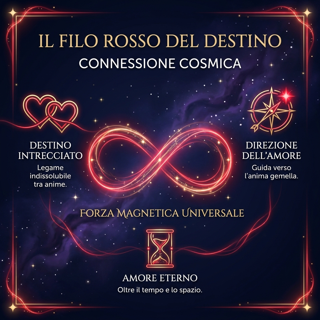 Visual Style Guide: "Il Filo Rosso del Destino". Icona di un infinito luminoso fatto di un filo rosso sottile (Glowing Red #FF2D55) con riflessi cosmici. Sfondo Deep Navy (#0B1126). Ethereal glow.