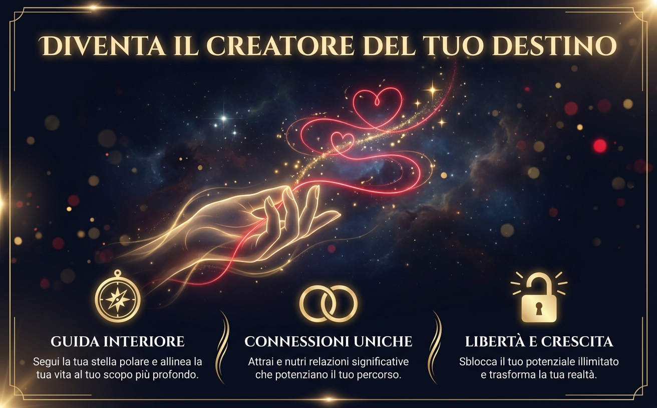 Visual Style Guide: "Il Filo Rosso del Destino" Theme: Cosmic Magnetism & Romantic Destiny. Color Palette: Deep Navy (#0B1126), Glowing Red (#FF2D55), Champagne Gold (#E6D1A4), Pearl White (#FDFDFD). Lighting: Ethereal glow, cinematic backlighting. Background: Dark nocturnal atmosphere, starry sky. Typography Style: Elegant Serif for titles (gold color). Key Elements: Una mano elegante e luminosa che tiene e guida un filo rosso brillante verso l'alto. Testo grande e in italiano: "DIVENTA IL CREATORE DEL TUO DESTINO". Vibe: Premium, mystical, transformative, urgent. Avoid: Daylight, flat design, clutter. Formato orizzontale 970x600.