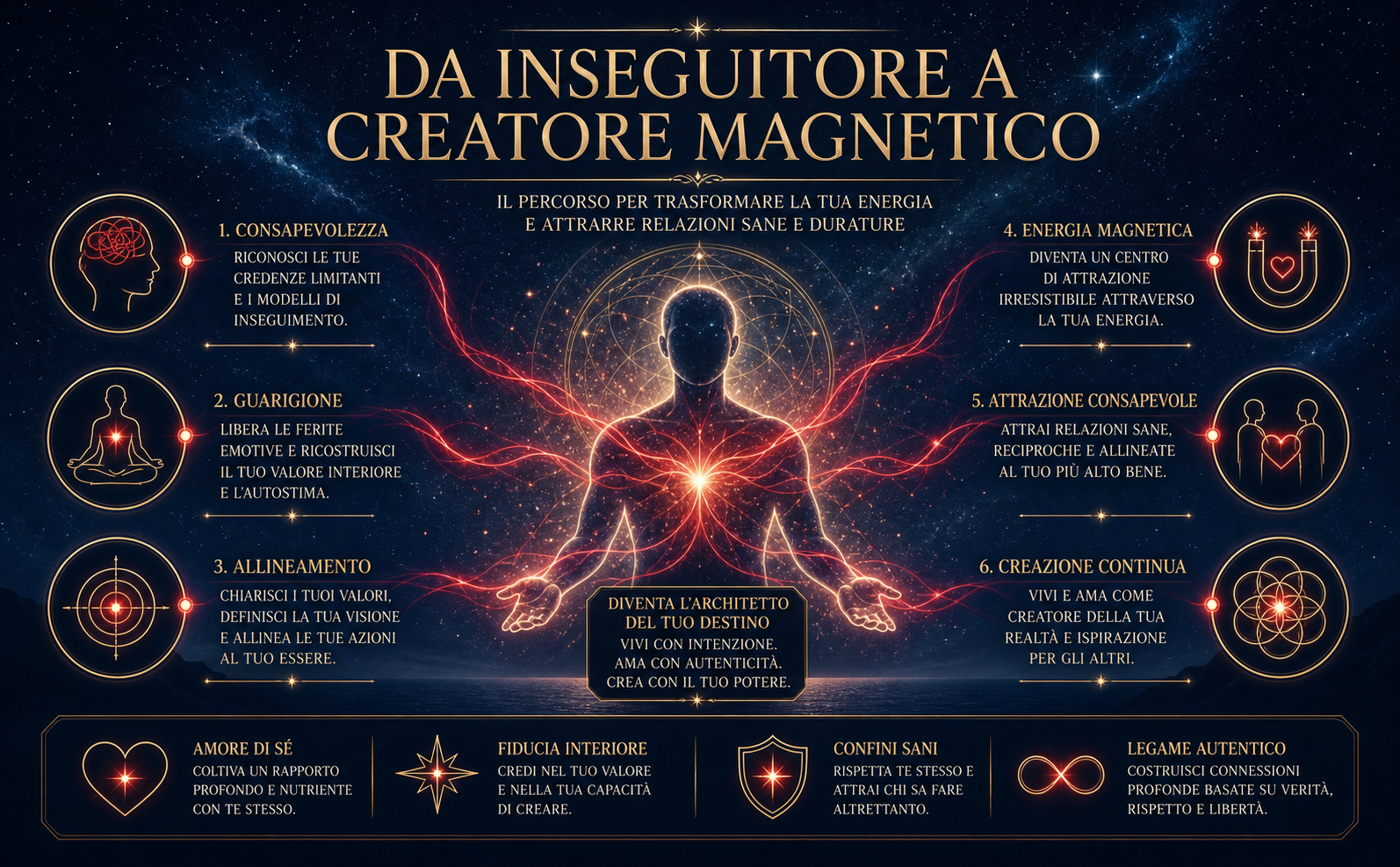 Sfondo cosmico blu notte profondo con sfumature blu cosmico. Al centro, una silhouette eterea e luminosa di una persona da cui si irradiano sottili filamenti rossi fluorescenti (il filo rosso del destino) che si intrecciano con particelle d'oro champagne. Stile mistico e trascendentale. In alto, testo elegante in stile serif dorato: "DA INSEGUITORE A CREATORE MAGNETICO". Nessun libro presente. Nessuna luce solare diretta.