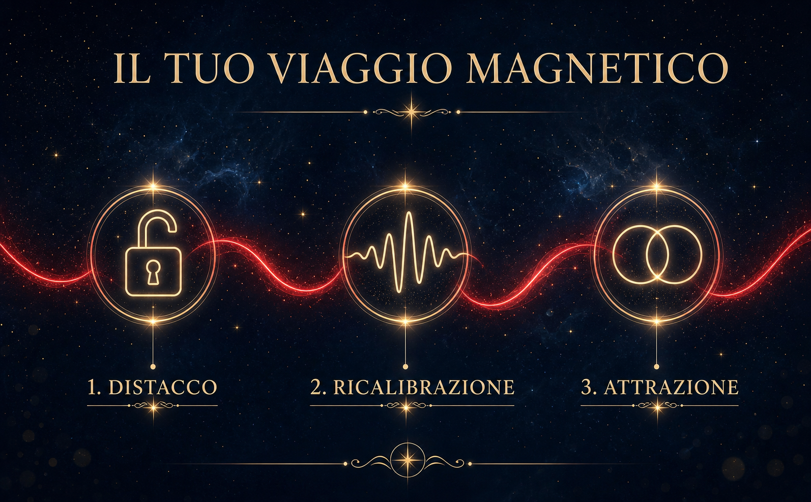 Infografica elegante su sfondo blu notte con texture di polvere stellare. Una linea sinuosa rossa fluorescente collega tre nodi dorati (icone minimaliste con bagliore esterno oro champagne). Nodo 1: Un lucchetto aperto, etichetta "1. DISTACCO". Nodo 2: Un'onda di frequenza, etichetta "2. RICALIBRAZIONE". Nodo 3: Due cerchi intrecciati, etichetta "3. ATTRAZIONE". Testo in alto in font serif oro champagne: "IL TUO VIAGGIO MAGNETICO". Stile premium, mistico, senza elementi cartoon. Nessun libro.